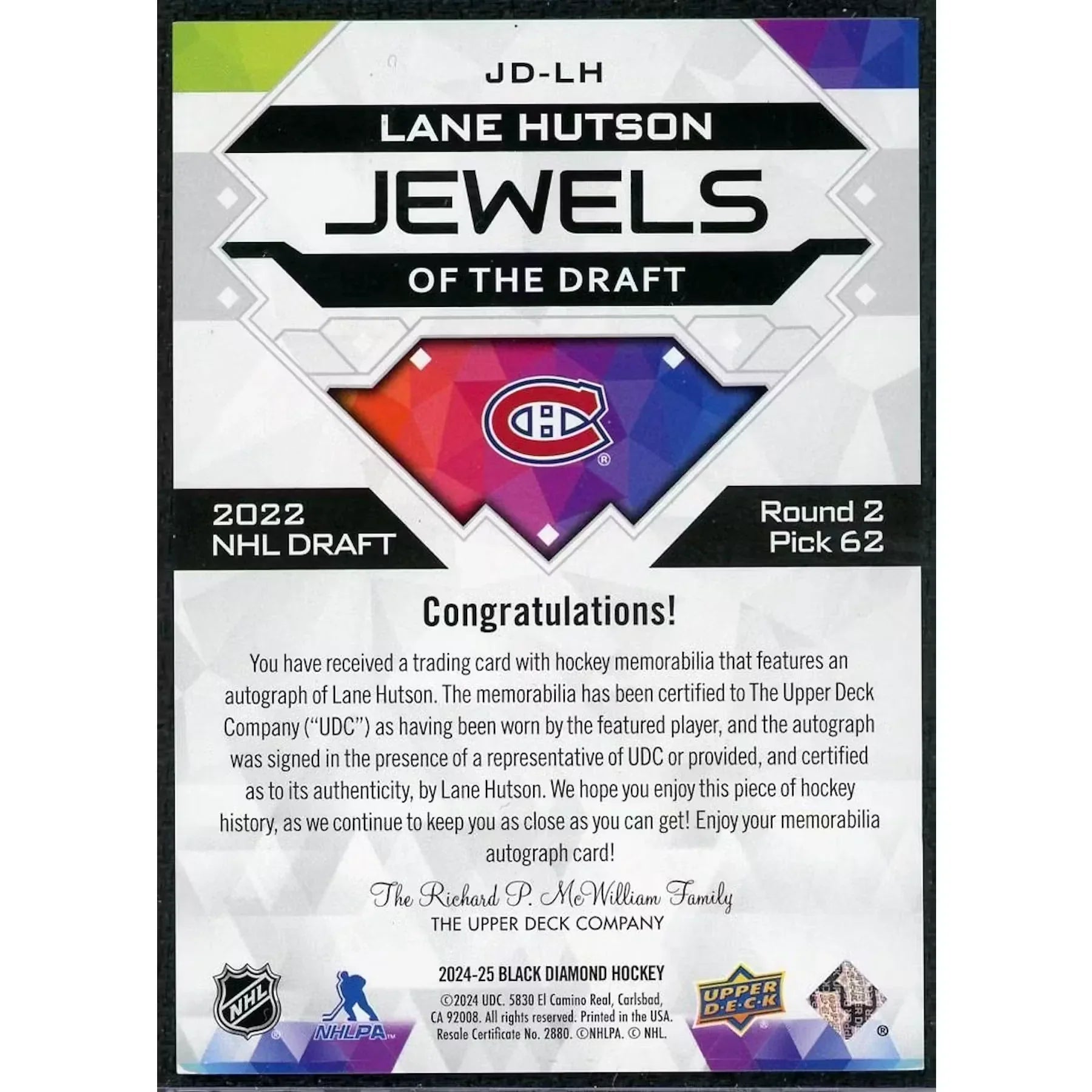 Lane Hutson 2024-25 Upper Deck Black Diamond Jewels of the Draft Patch Auto |/99