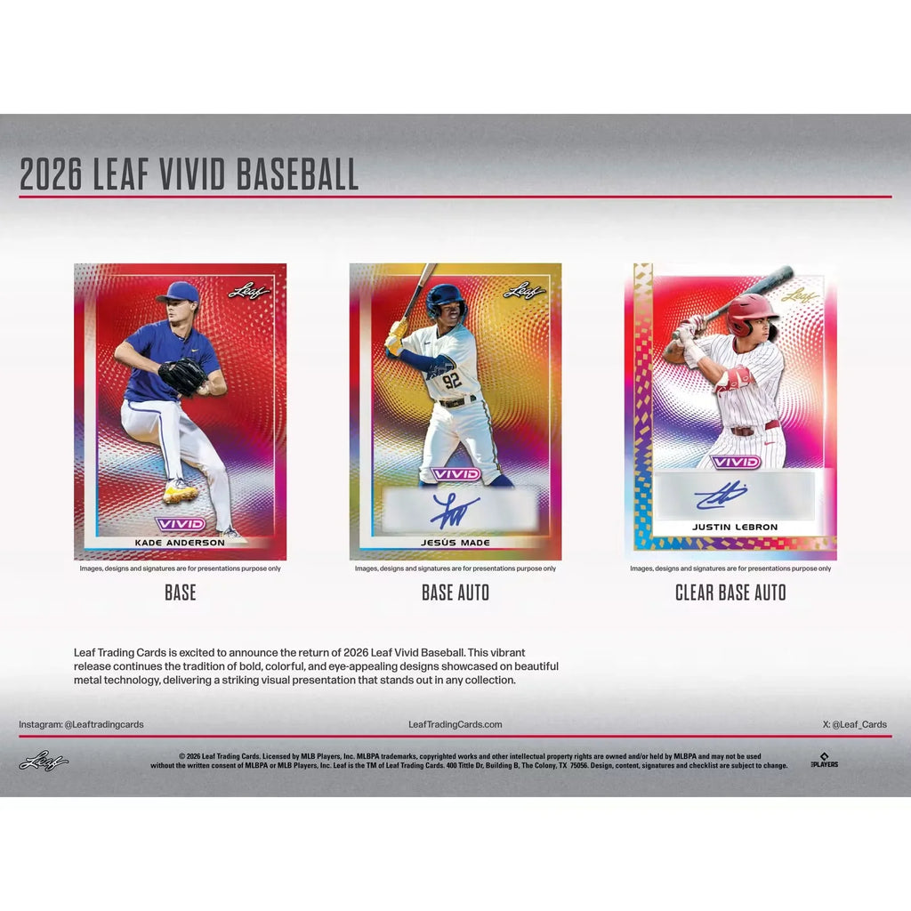 2026 Leaf Vivid Baseball Hobby Box Presell Release June 2026 (Ships Sealed Only)