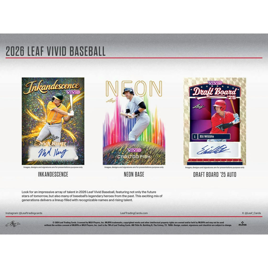 2026 Leaf Vivid Baseball Hobby Box Presell Release June 2026 (Ships Sealed Only)
