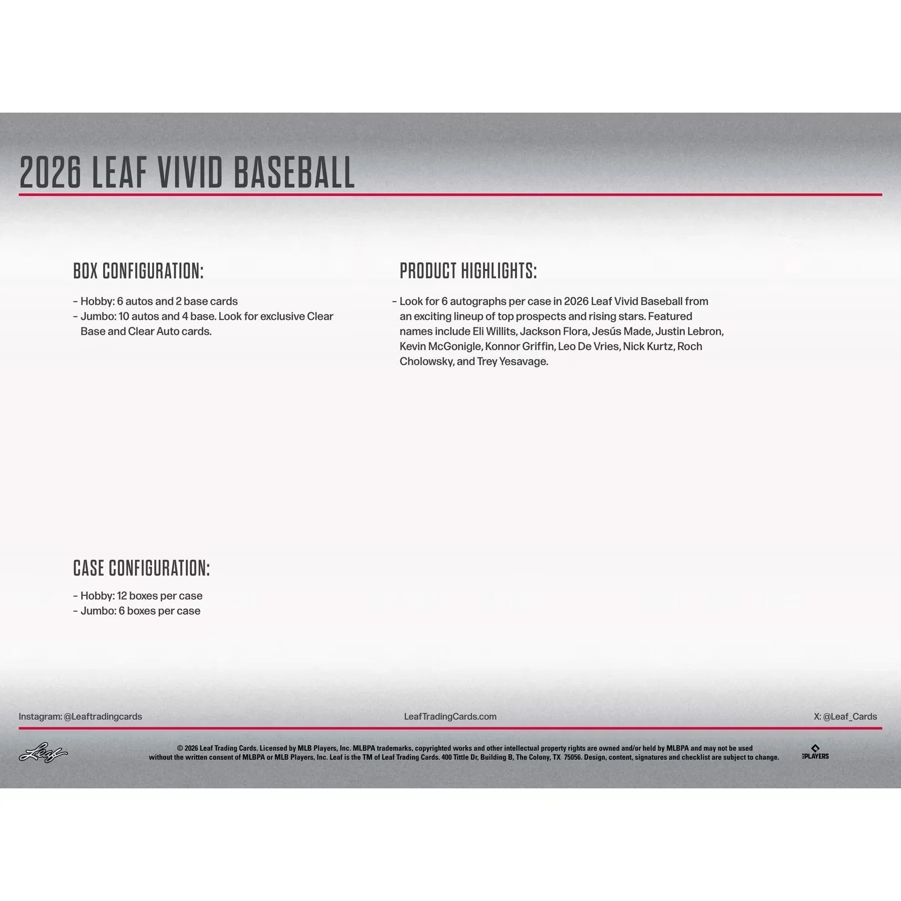 2026 Leaf Vivid Baseball Hobby 12 Box Case Presell June 2026 (Ships Sealed Only)