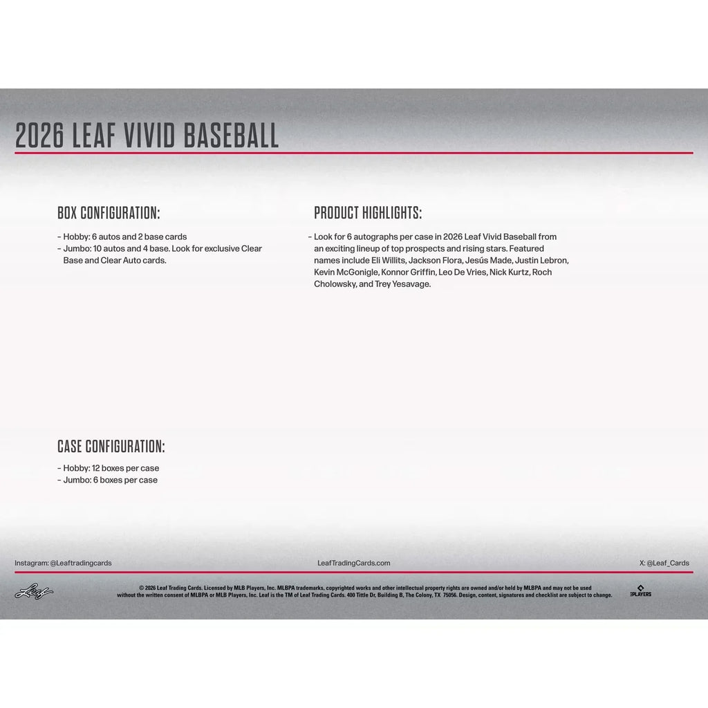 2026 Leaf Vivid Baseball Hobby Jumbo 6 Box Case Presell (Ships Sealed Only)
