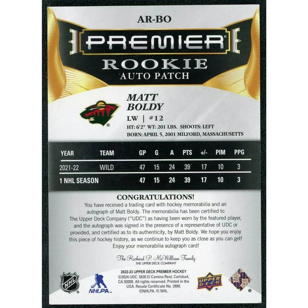 Matt Boldy Signed 2022-23 Upper Deck Premier Rookie Auto Patch Card |/99