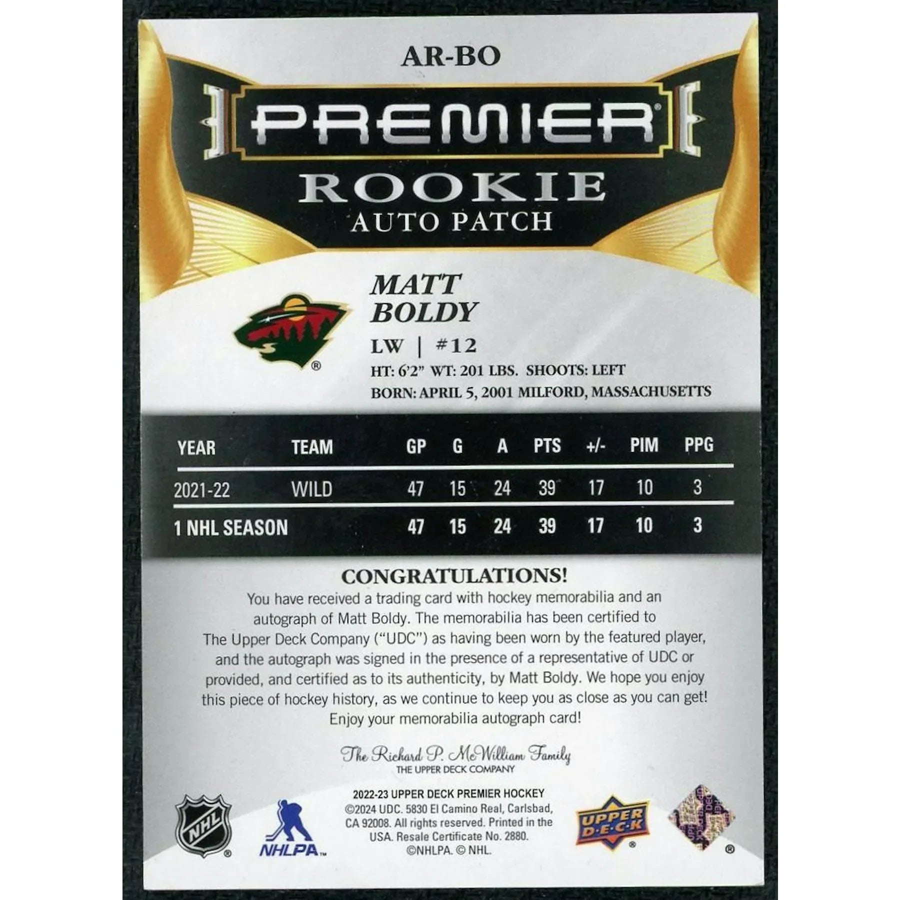 Matt Boldy Signed 2022-23 Upper Deck Premier Rookie Auto Patch Card |/99