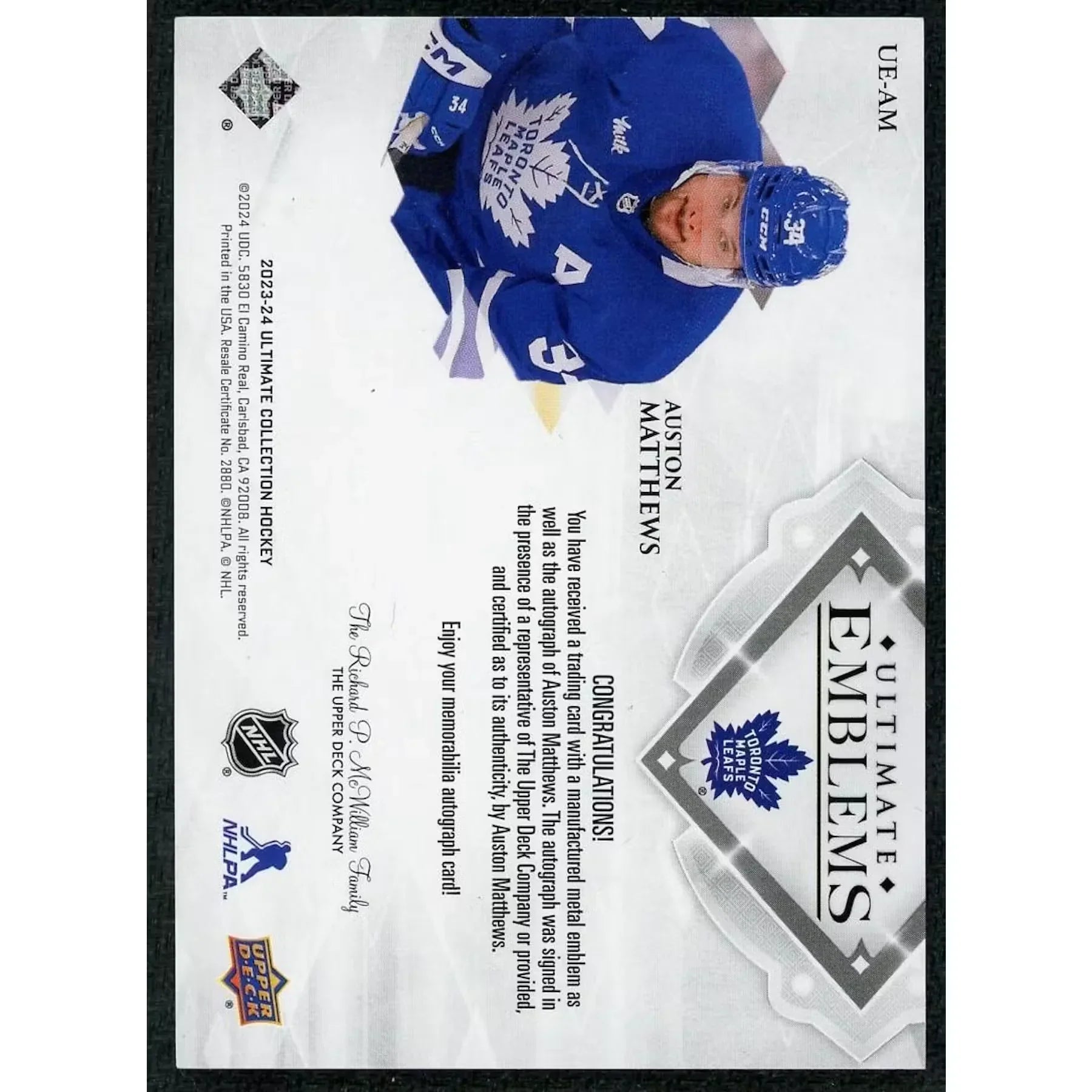 Auston Matthews Signed 2023-24 Upper Deck Ultimate Card | Gold Auto/25