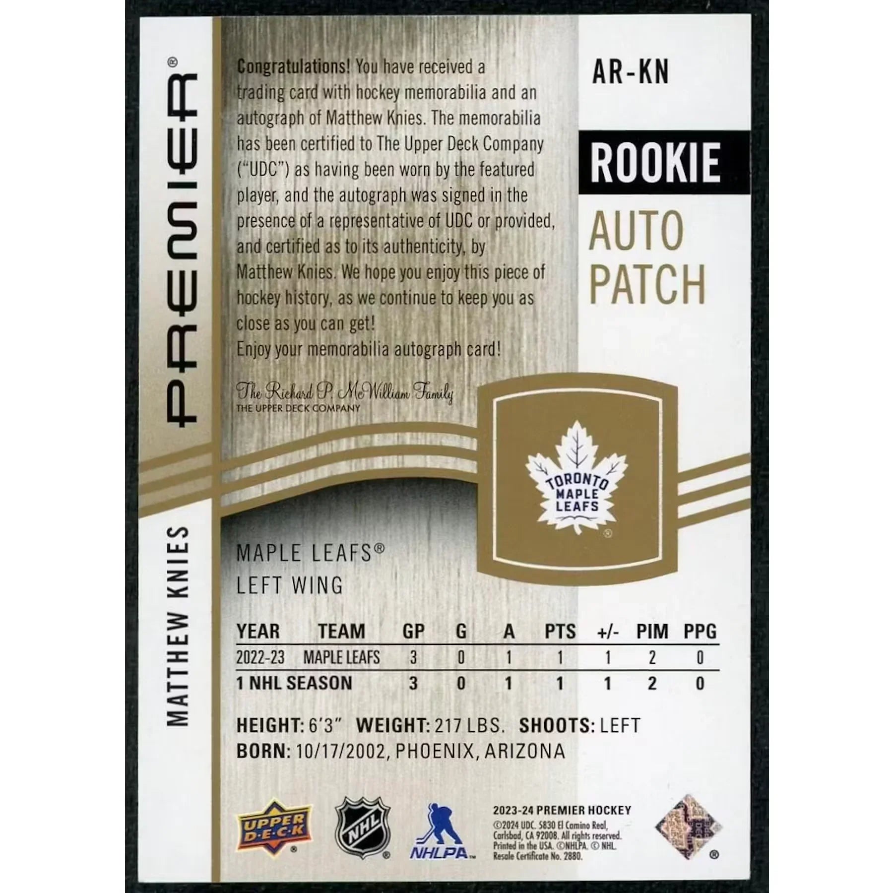 Matthew Knies Signed 2023-24 Upper Deck Premier Gold Rookie Auto Patch Card |/35