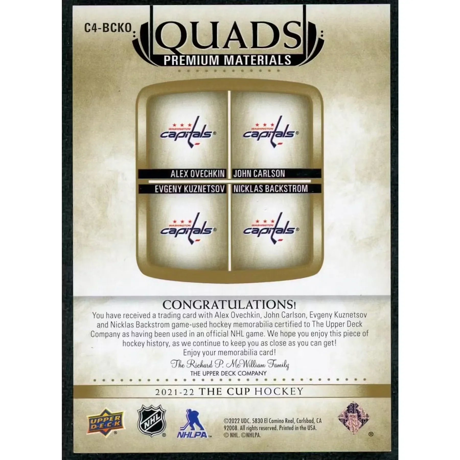 2021-22 The Cup Ovechkin Carlson Kuznetsov Backstrom Quad Premium Materials |/5