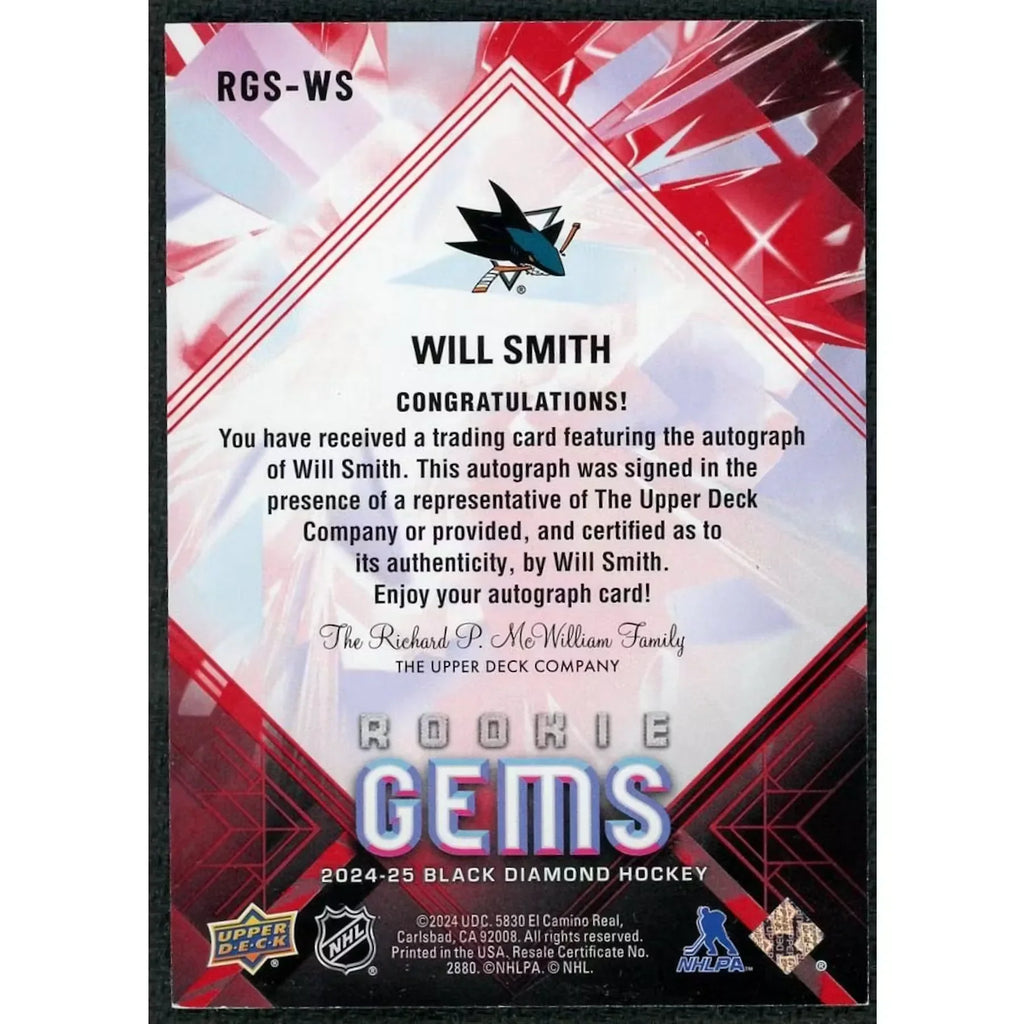 Will Smith Signed 2024-25 Upper Deck Black Diamond Rookie Gems Card | Red/10