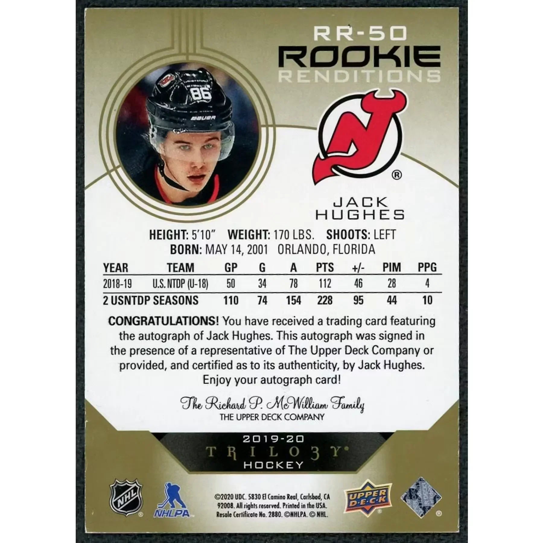 Jack Hughes Signed 2019-20 Upper Deck Trilogy Rookie Renditions Card