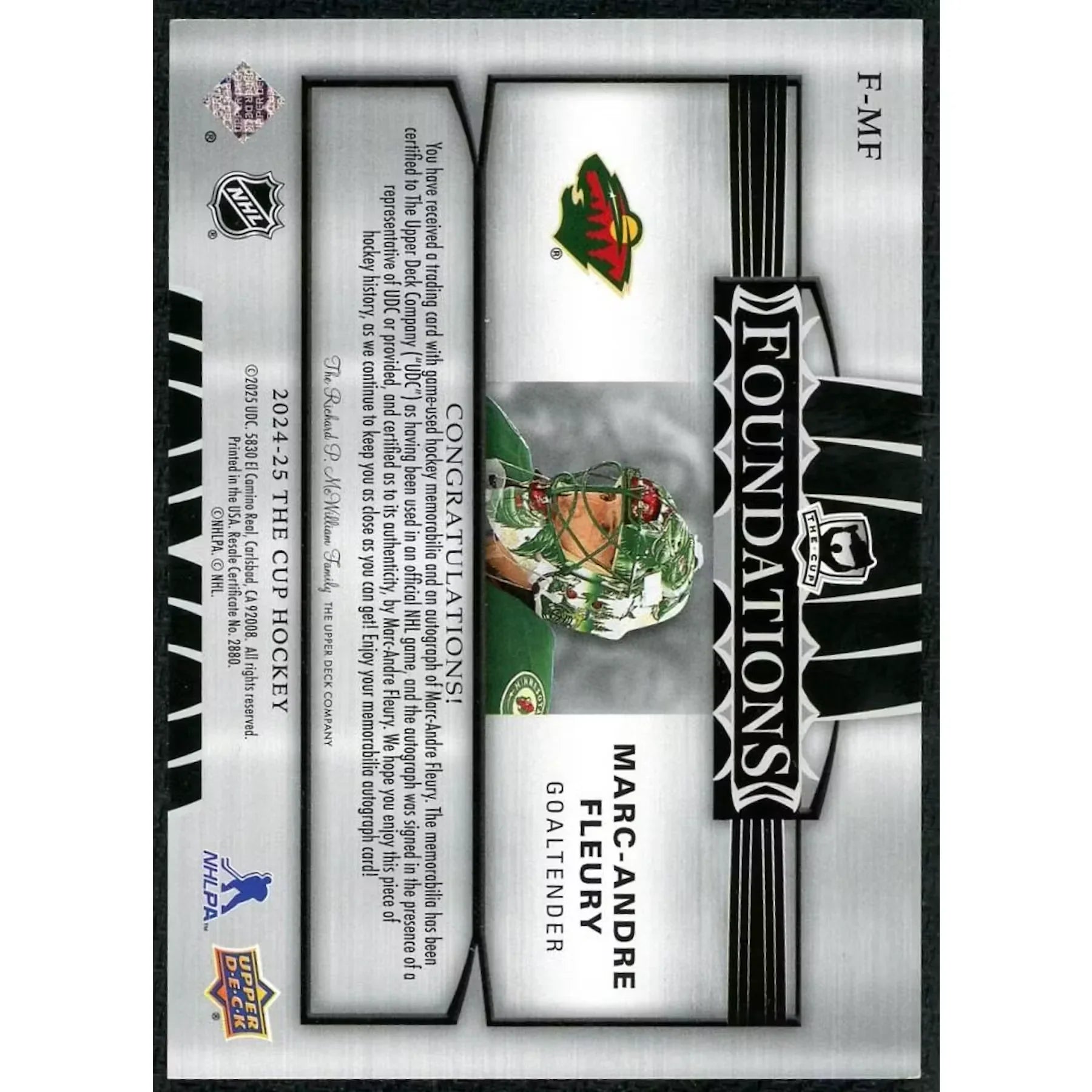 Marc-Andre Fleury Signed 2024-25 Upper Deck The Cup Card | Foundations Patch Auto/15