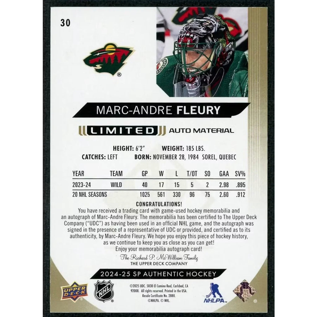 Marc-Andre Fleury Signed 2024-25 SP Authentic Card | Limited Auto/50