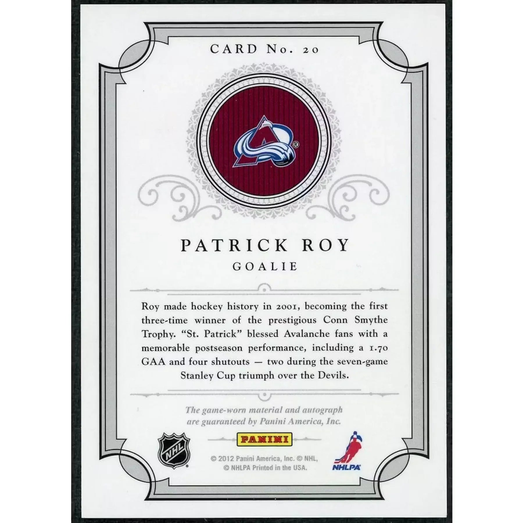 Patrick Roy Signed 2012-13 Panini Dominion Card | Peerless Patches Auto/25