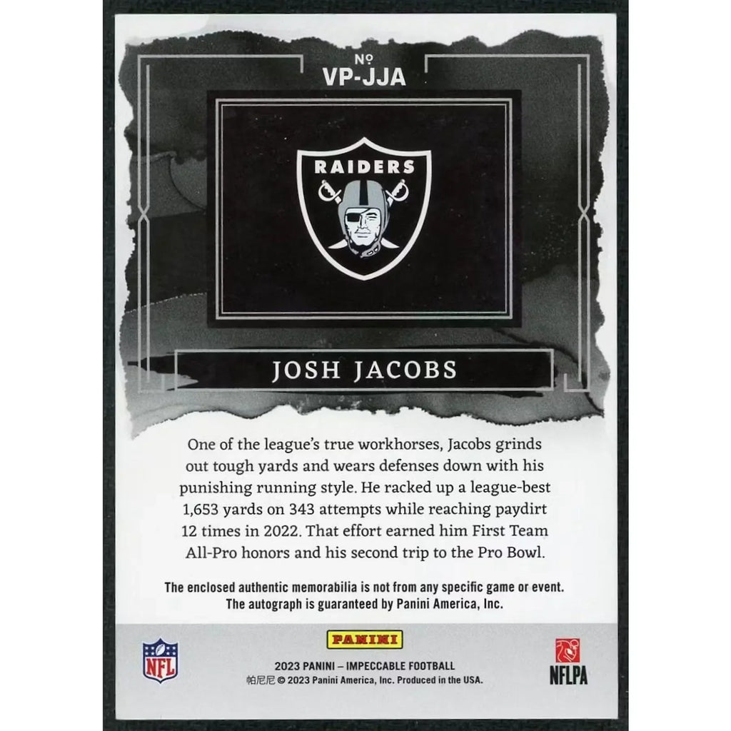 Josh Jacobs Signed 2023 Panini Impeccable Card | 1/1 Elegance Patch Auto