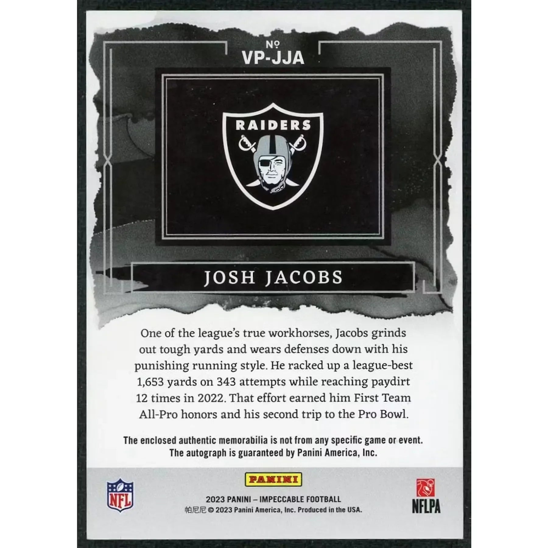Josh Jacobs Signed 2023 Panini Impeccable Card | 1/1 Elegance Patch Auto