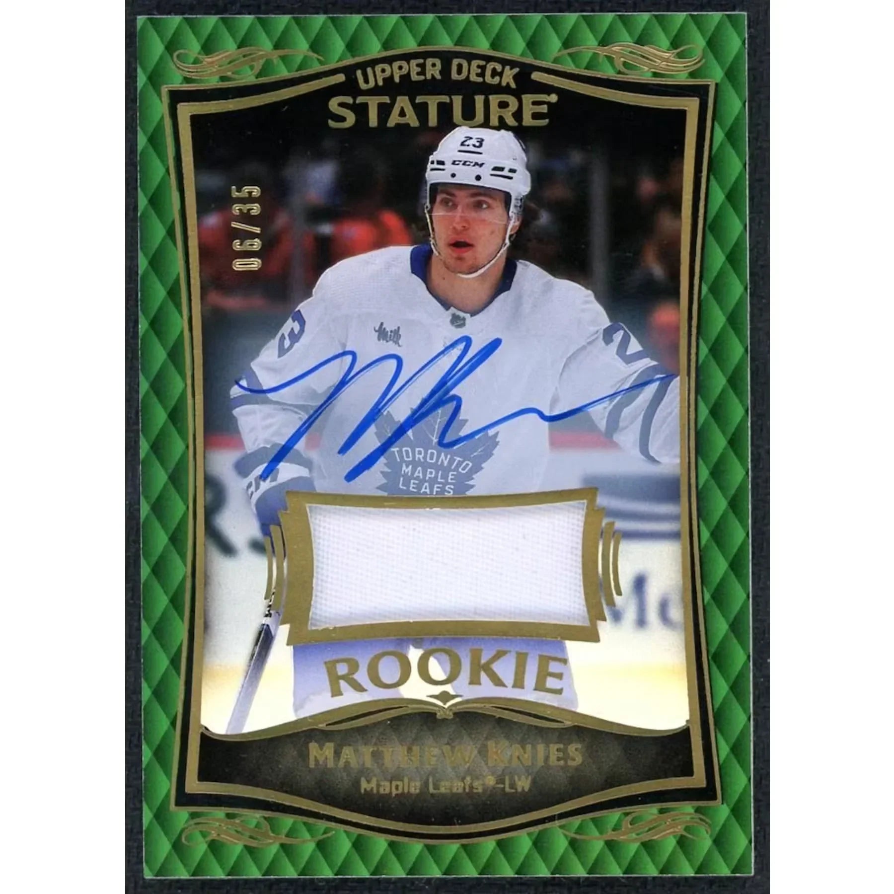 Matthew Knies Signed Rookie Patch Auto Card | 2023-24 Upper Deck Stature Green/35