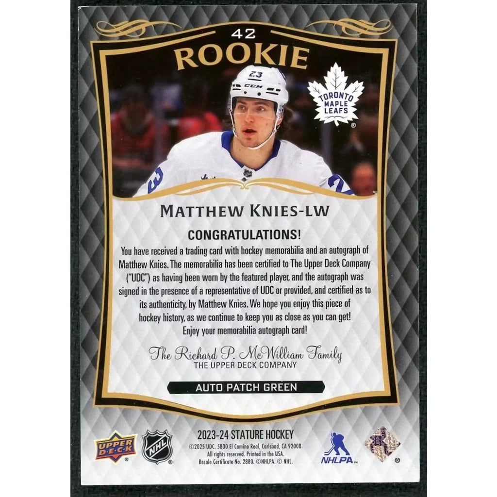 Matthew Knies Signed Rookie Patch Auto Card | 2023-24 Upper Deck Stature Green/35
