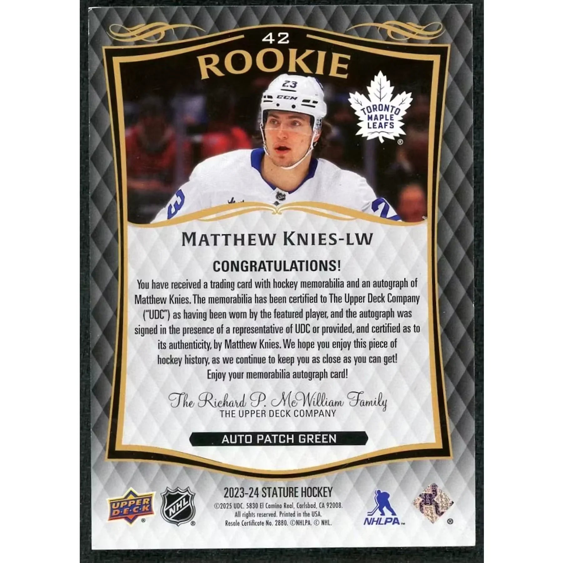 Matthew Knies Signed Rookie Patch Auto Card | 2023-24 Upper Deck Stature Green/35