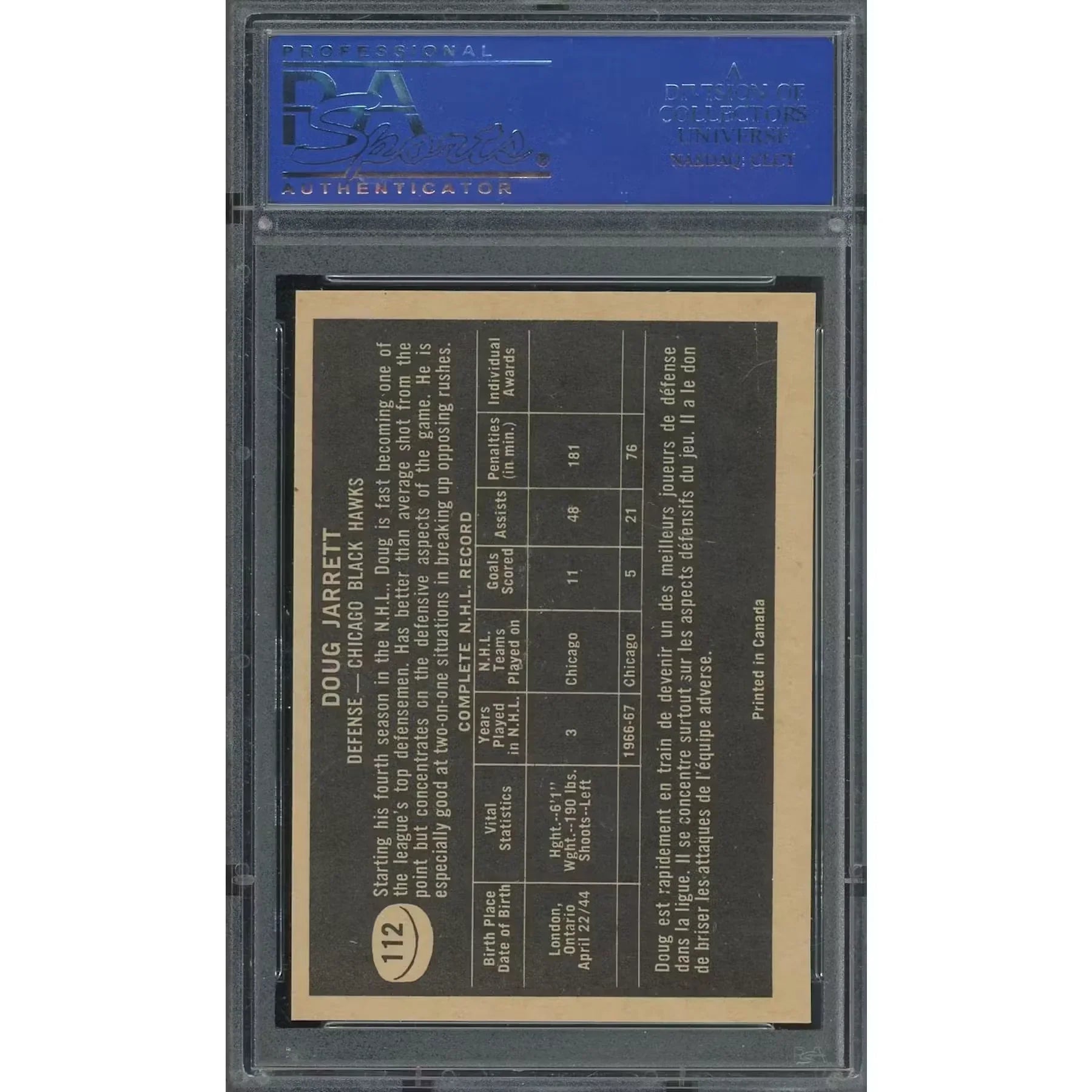 1967-68 Topps #112 Doug Jarrett Hockey Card | PSA 9