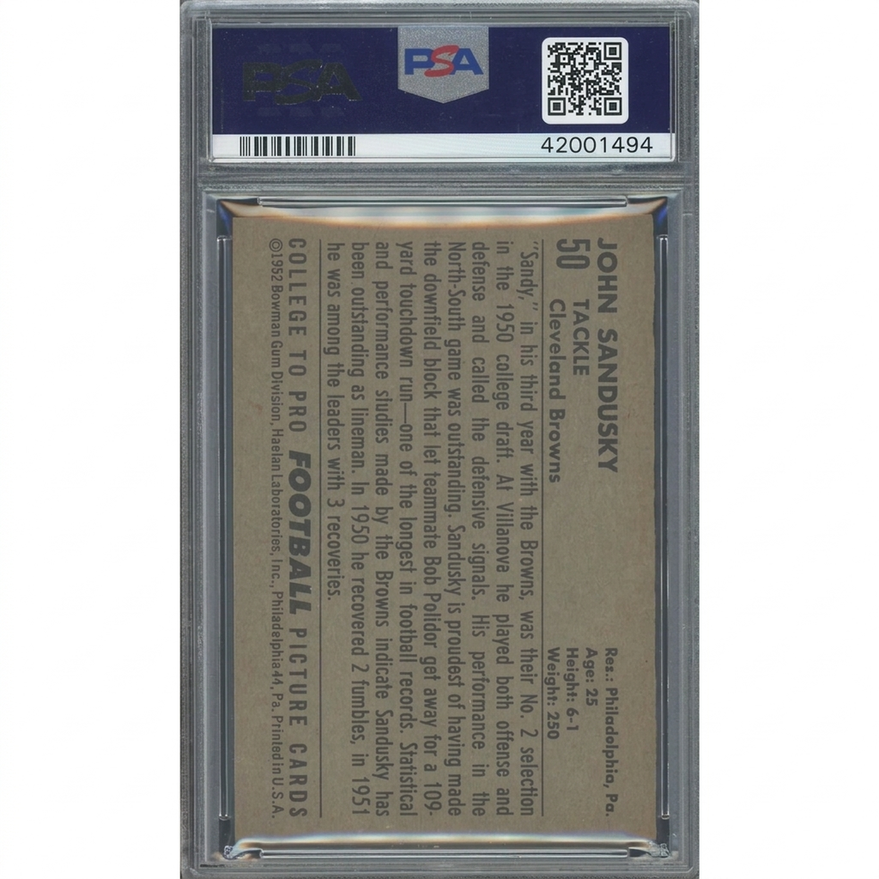 1952 Bowman Large #50 John Sandusky Card | PSA 6