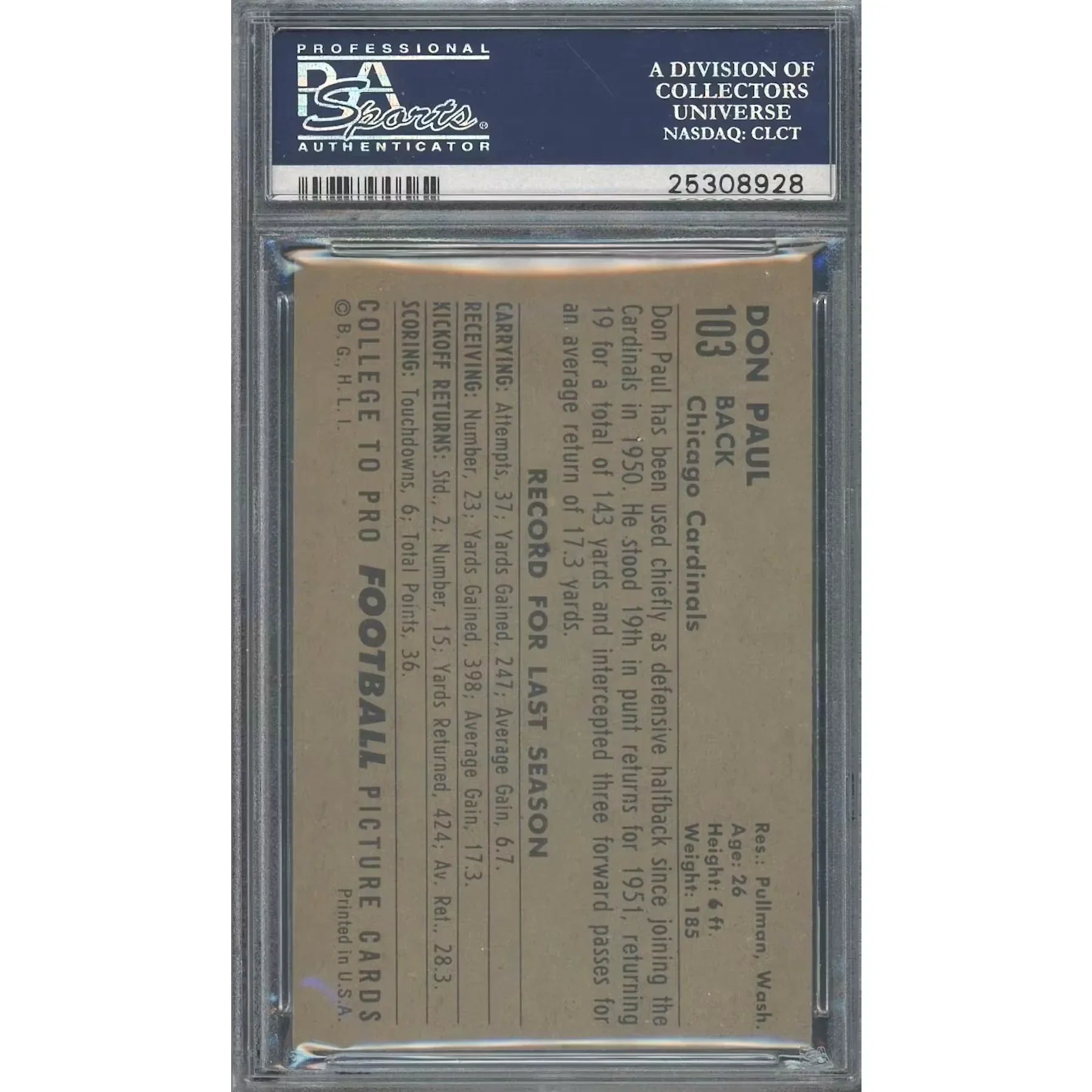 1952 Bowman Large #103 Don Paul Baseball Card | PSA 7