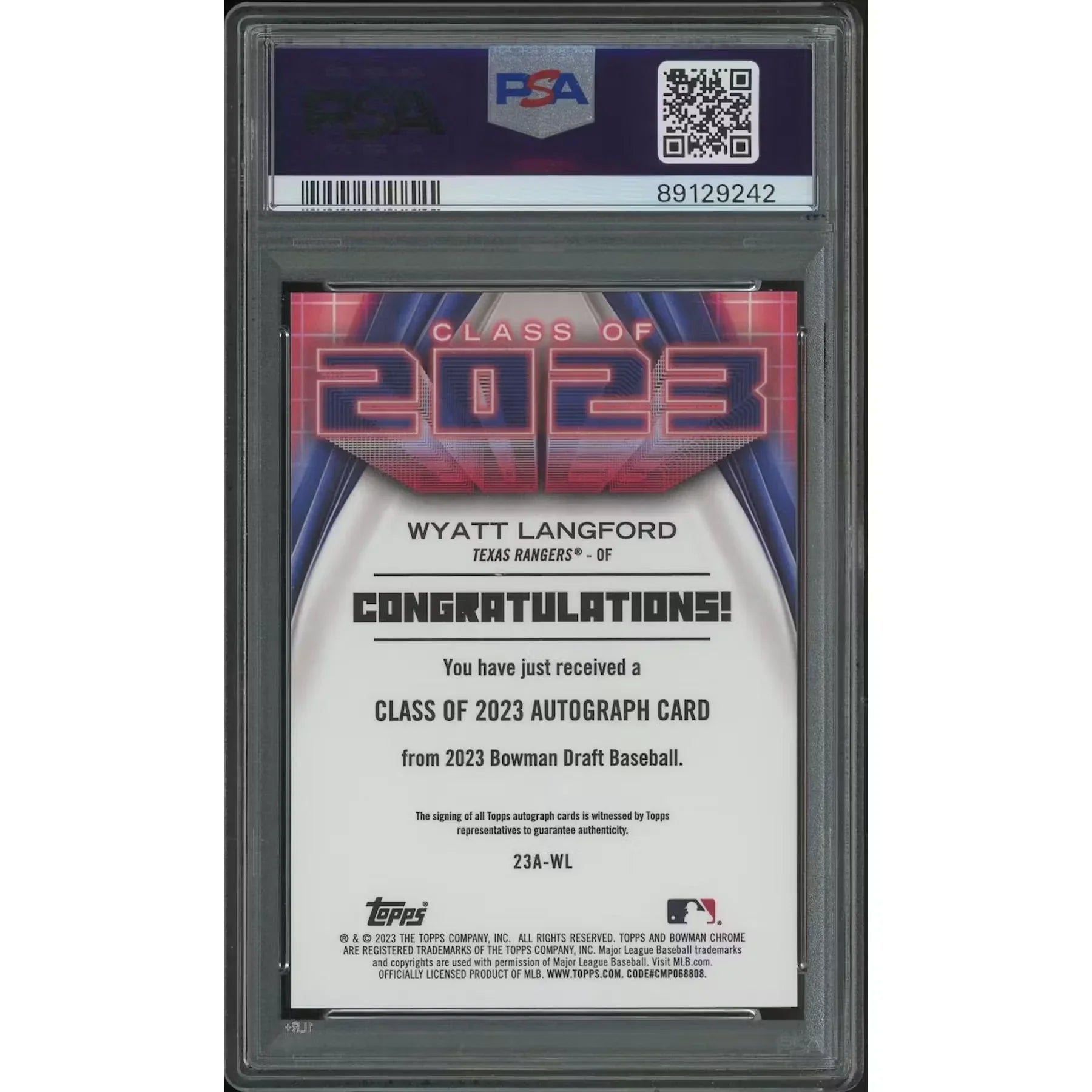 2023 Bowman Chrome Draft Baseball #23AWL Wyatt Langford Class of '23 Rookie Auto PSA 10 (GEM MT) - D1