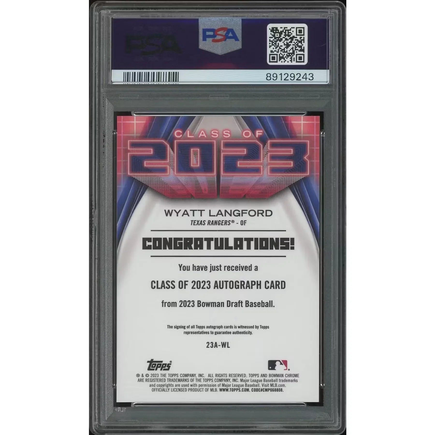 2023 Bowman Chrome Draft Baseball #23AWL Wyatt Langford Class of '23 Rookie Auto PSA 10 (GEM MT) *9243 - D2