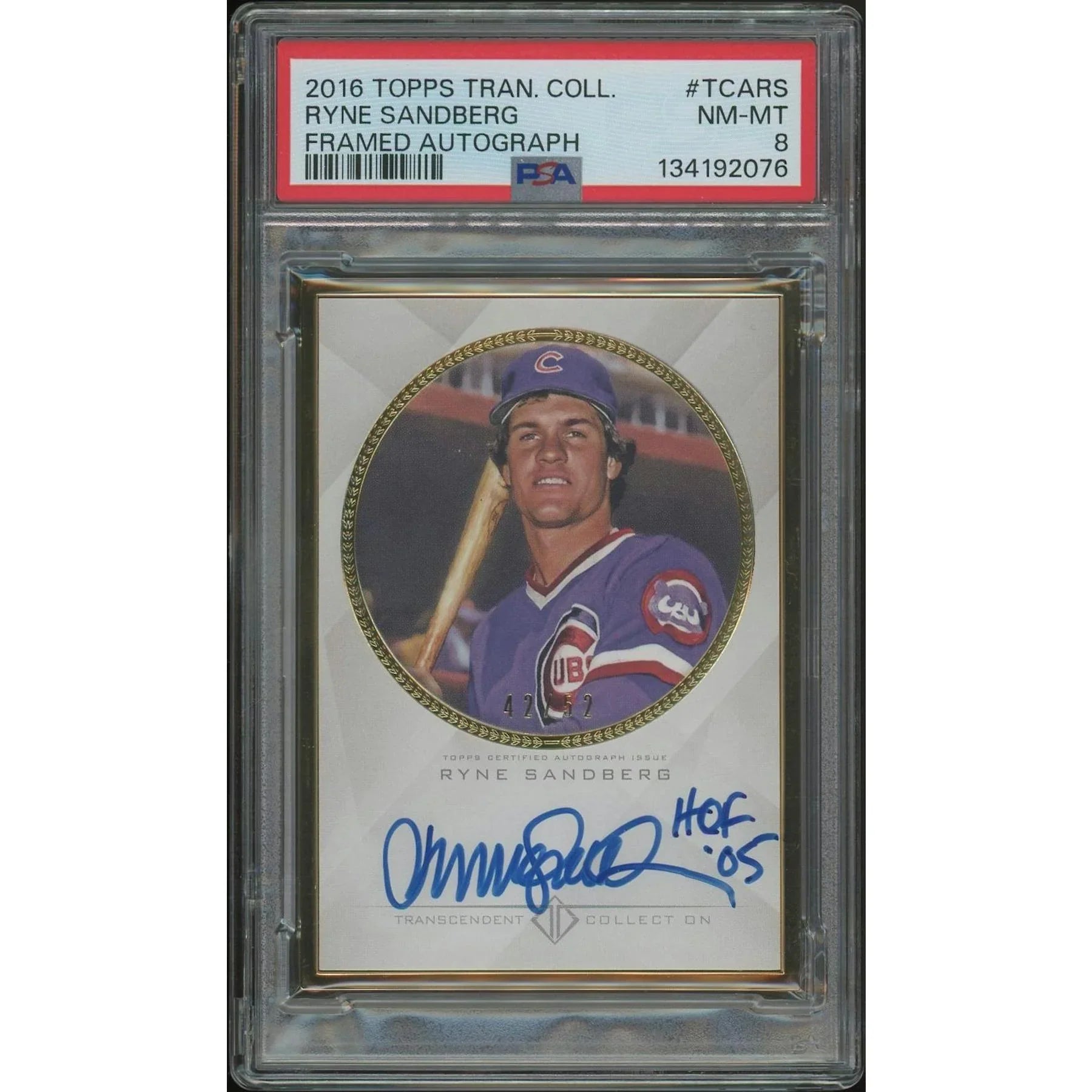 Ryne Sandberg Signed 2016 Topps Transcendent Baseball #42 Card | PSA 8 NM-MT