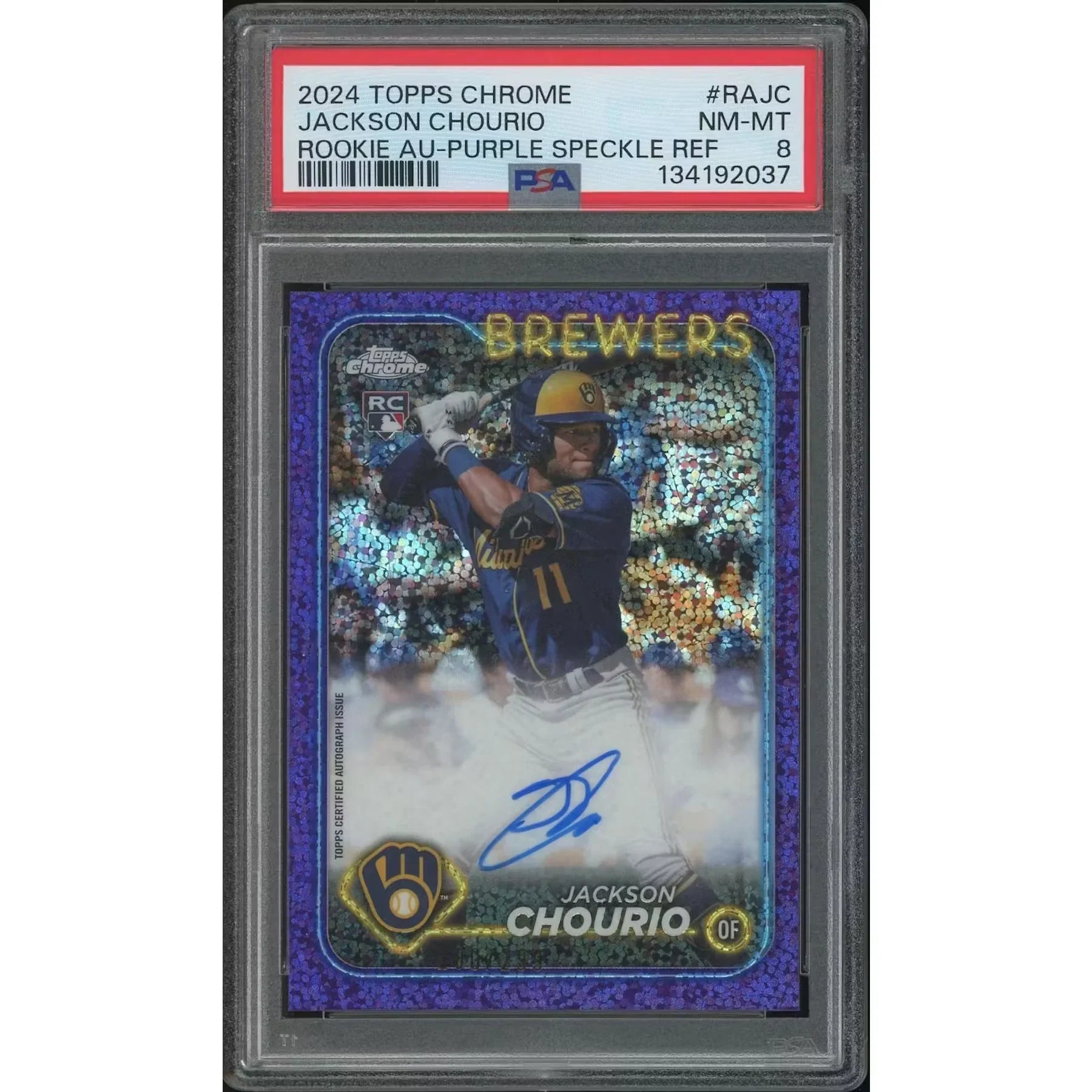 Jackson Chourio 2024 Topps Chrome Rookie Purple Speckle Refractor Auto | PSA 8 #100