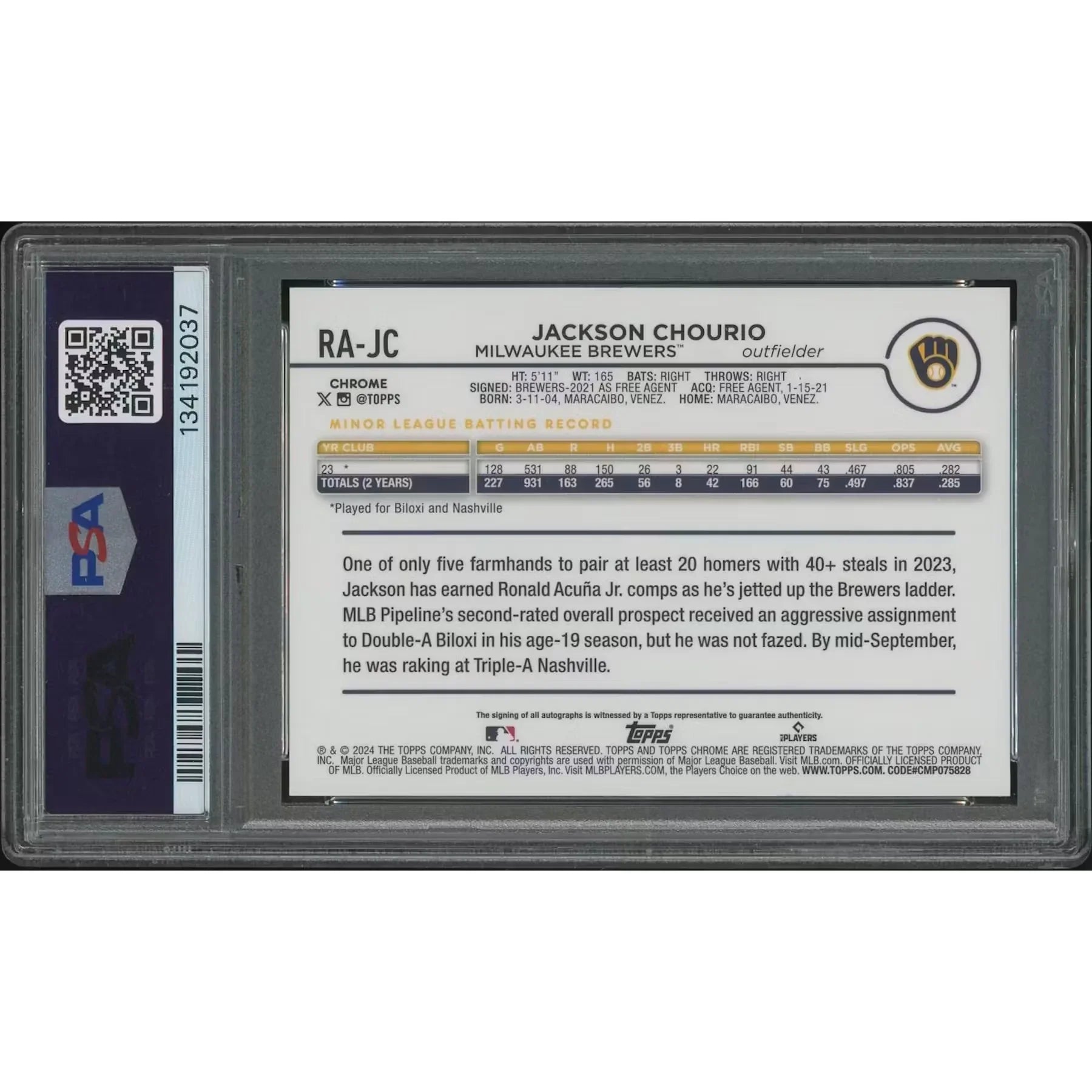 Jackson Chourio 2024 Topps Chrome Rookie Purple Speckle Refractor Auto | PSA 8 #100