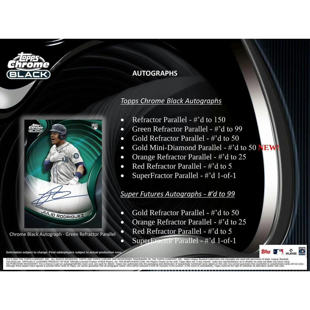 2022 Topps Chrome Black Baseball Hobby Box | Refractor & Autograph (Ships Sealed Only)
