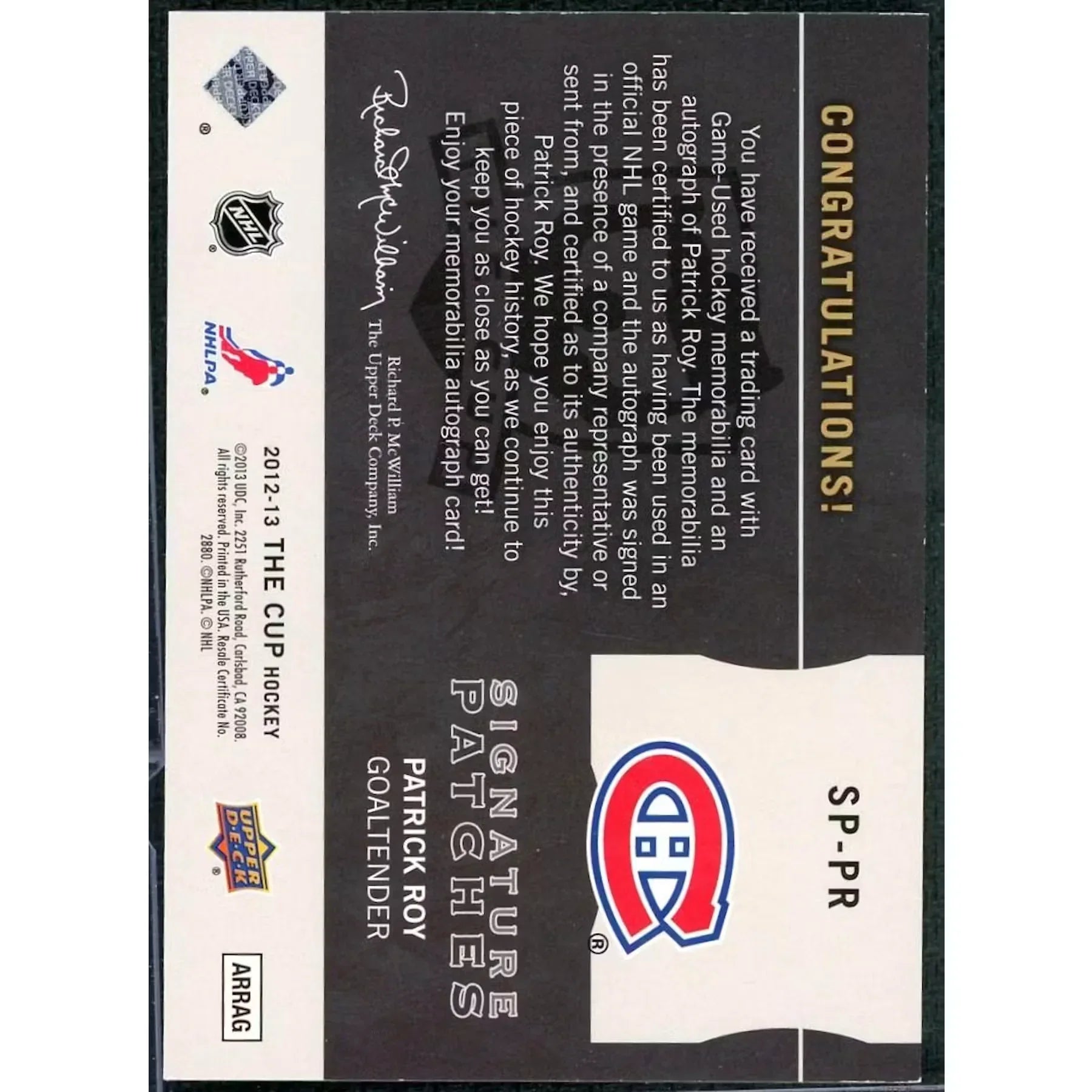 Patrick Roy Signed 2012-13 Upper Deck The Cup Card | Signature Patches/15