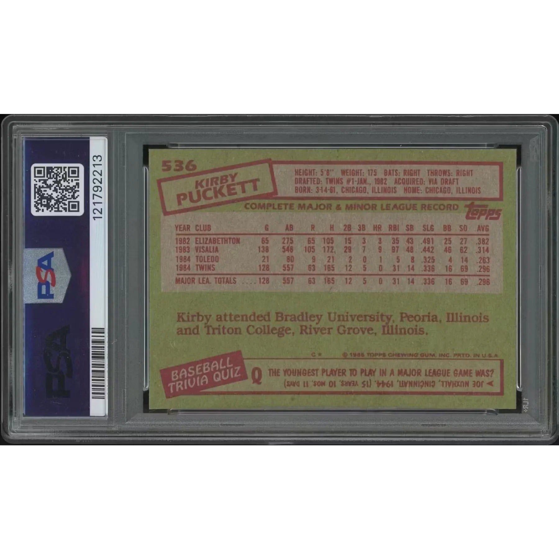 1985 Topps Baseball #536 Kirby Puckett Rookie Card | PSA 9 MINT
