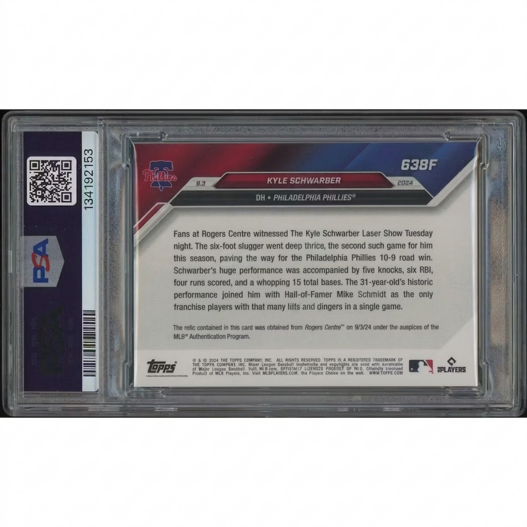 Kyle Schwarber Signed 2024 Topps Now Game-Used Base Relic | PSA 9 Orange #3/5