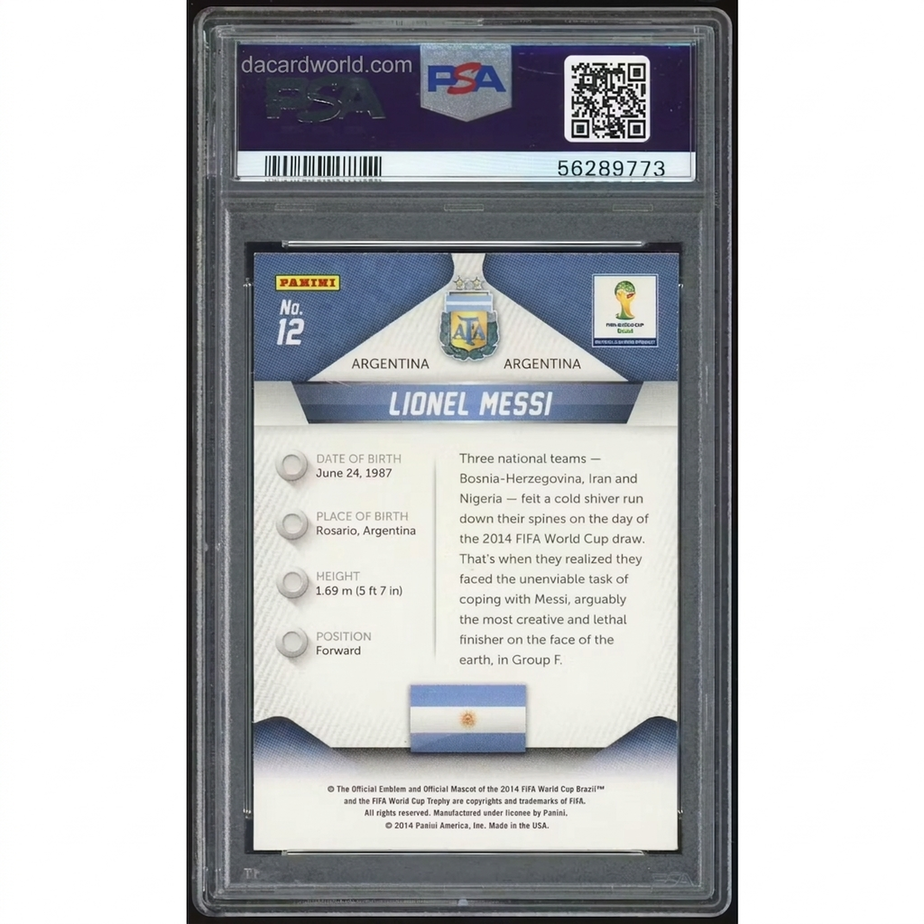 Lionel Messi Signed 2014 Panini Prizm World Cup Brazil #12 | PSA 10