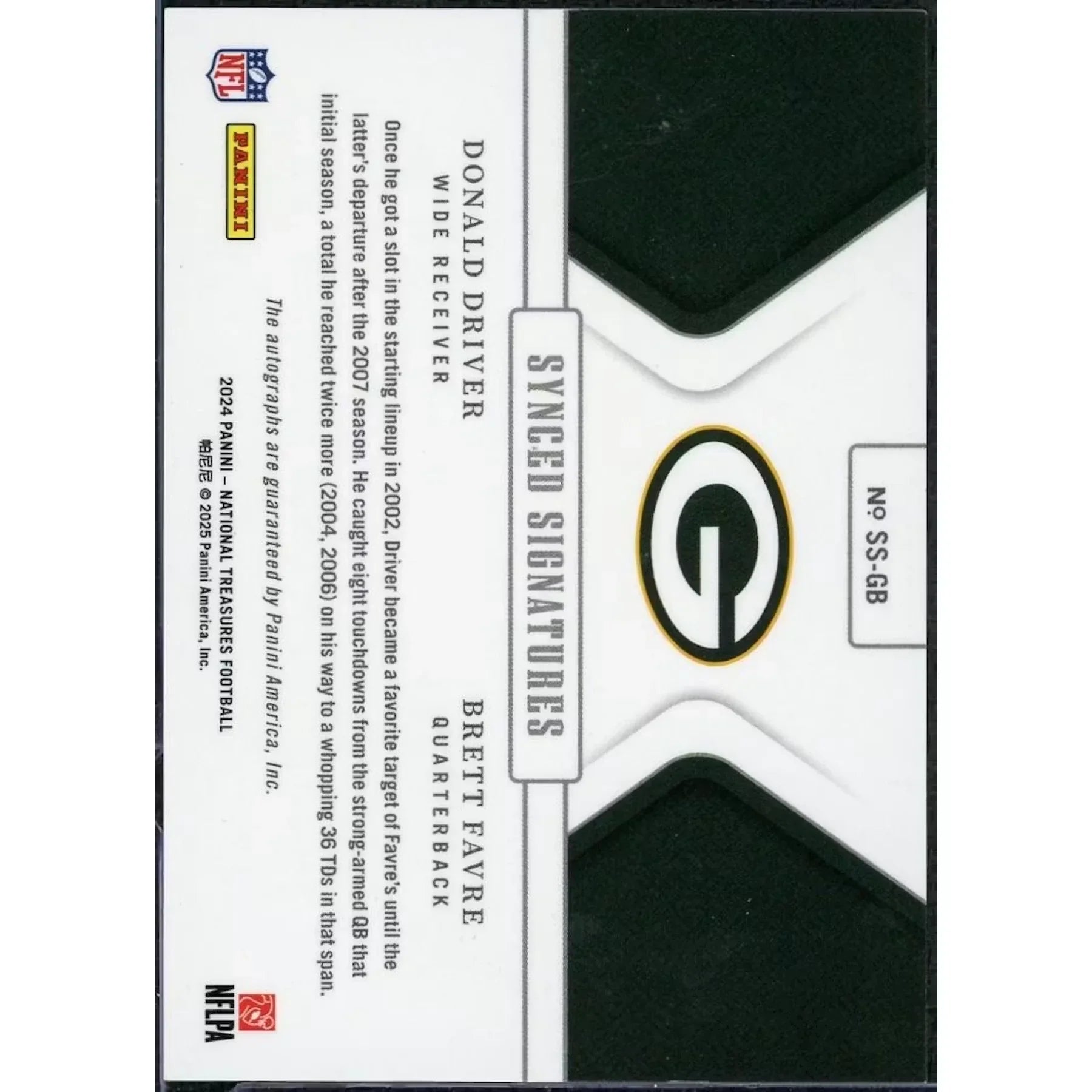 Donald Driver & Brett Favre Signed Card | 2024 Panini National Treasures Dual Auto/99