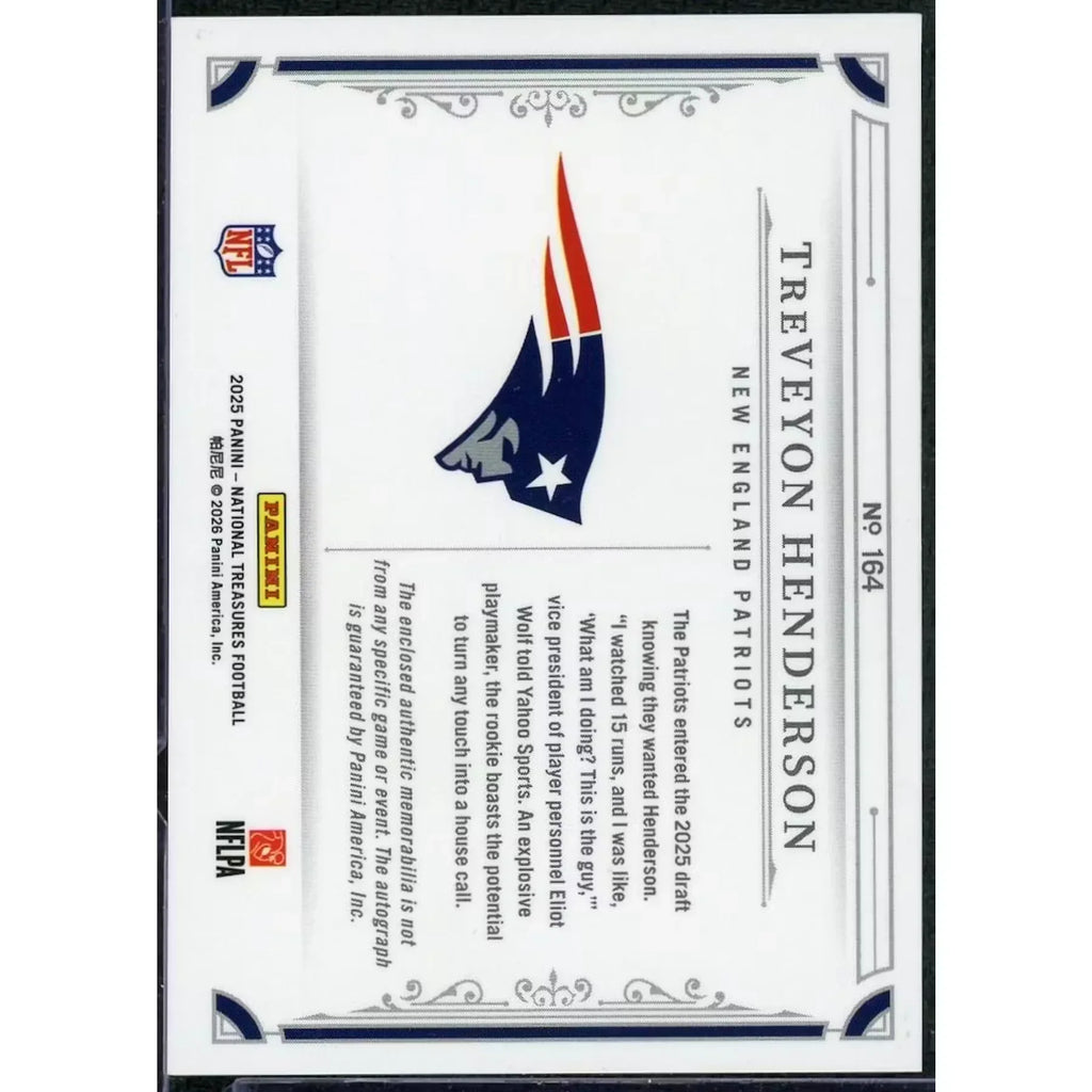 Treveyon Henderson Signed 2025 Panini National Treasures Rookie Patch Auto |/99