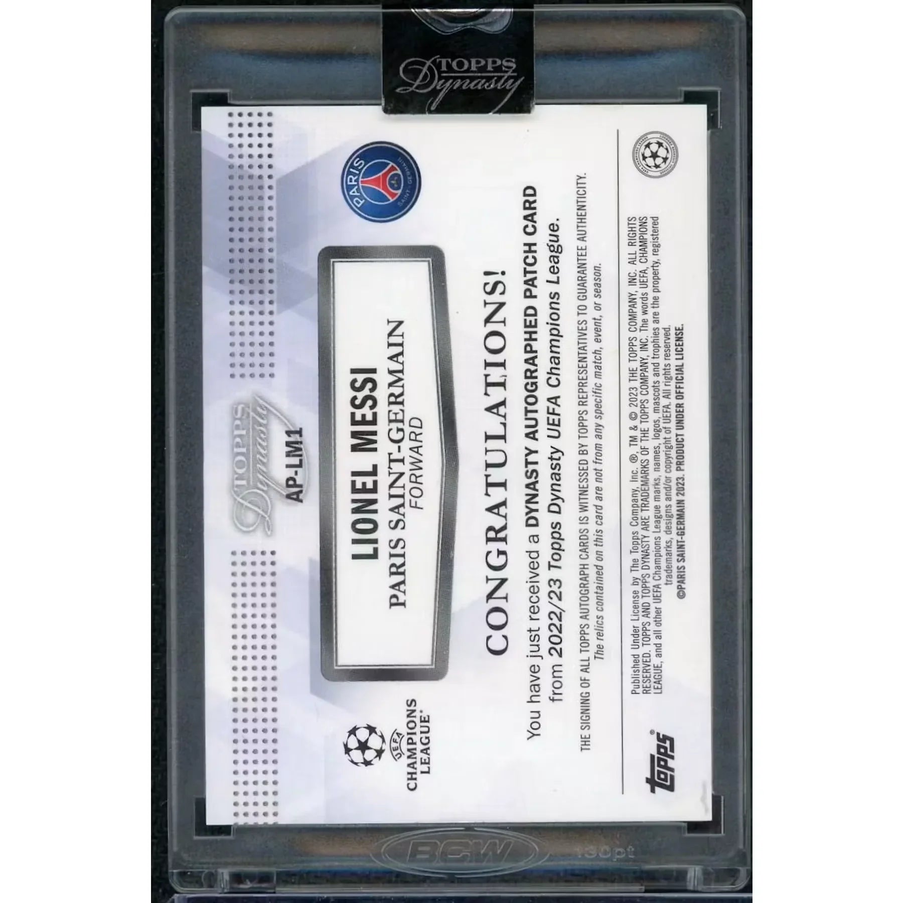 Lionel Messi Signed Patch Auto Card | 2022-23 Topps Dynasty PSG/10