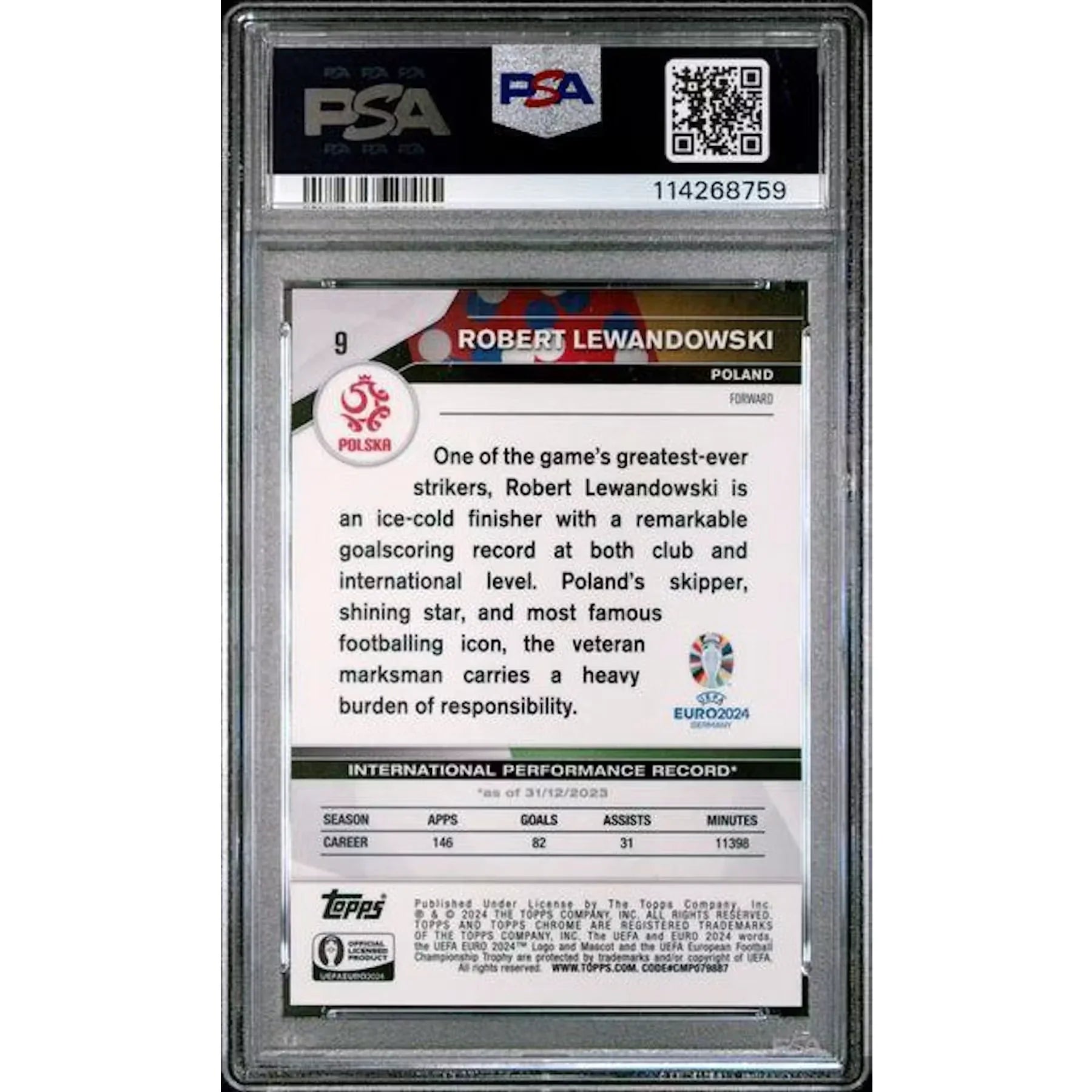 Robert Lewandowski Signed 2024 Topps Chrome UEFA Euro Card | PSA 10