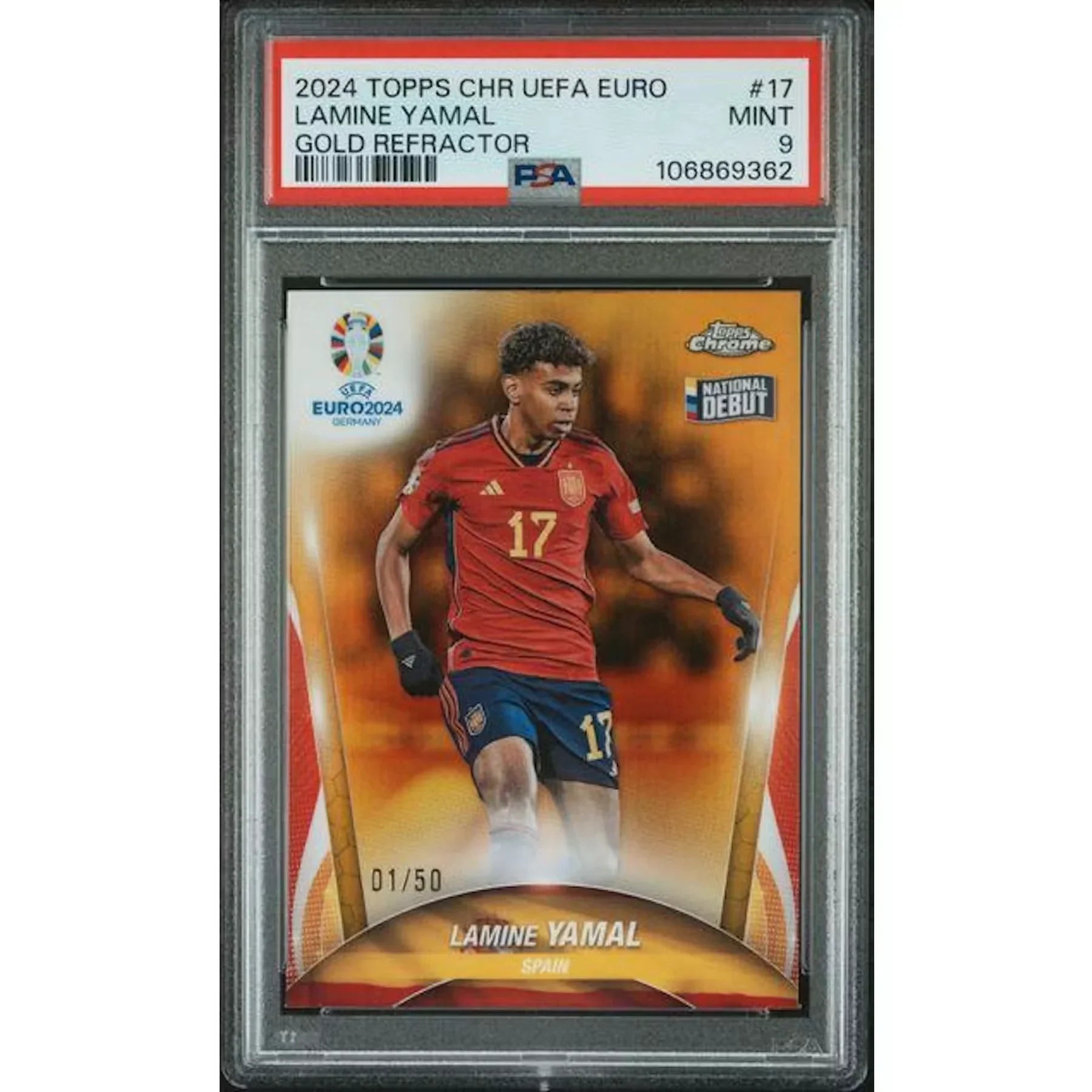 Lamine Yamal 2024 Topps Chrome UEFA Euro Gold Refractor/50 | PSA 9