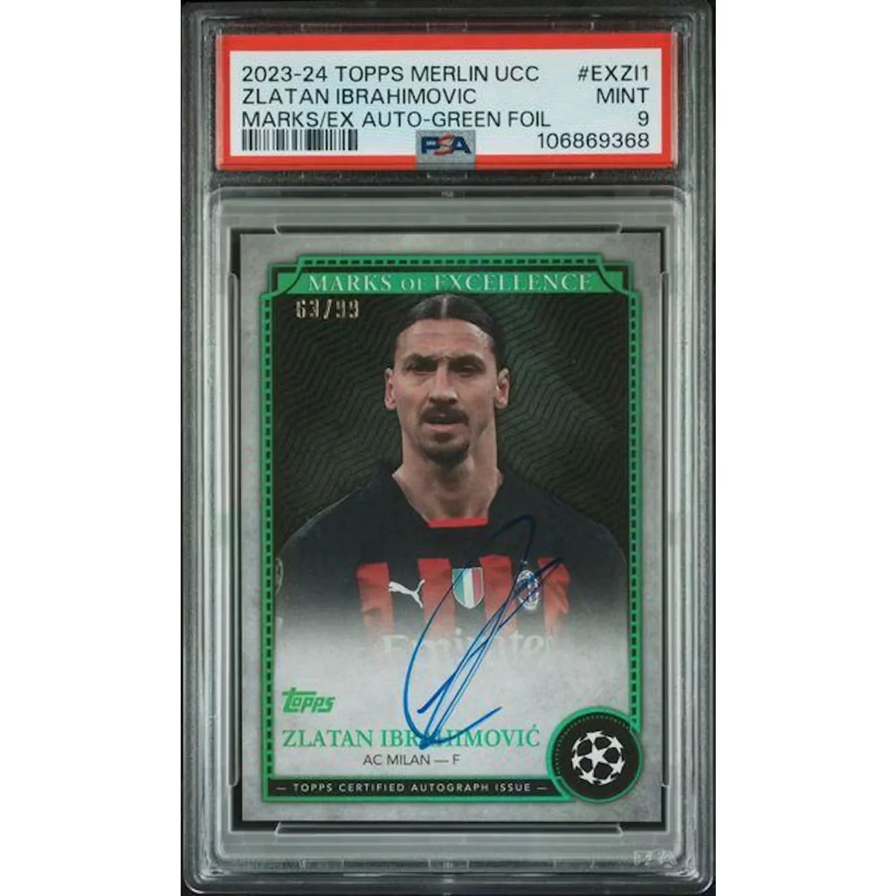 Zlatan Ibrahimovic Signed 2023-24 Topps Marks of Excellence Card | Green Foil Auto/99 PSA