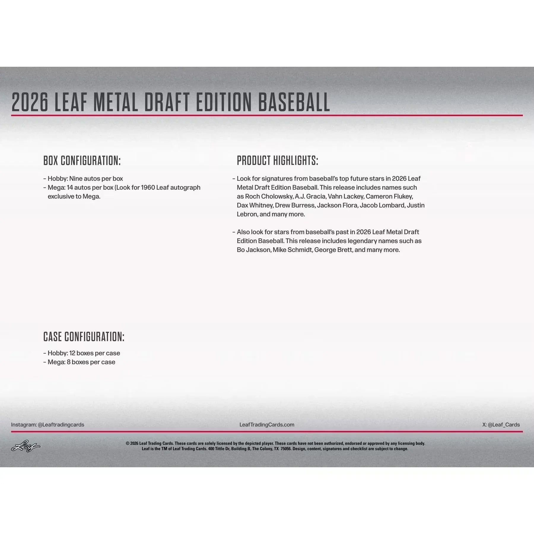 2026 Leaf Metal Draft Baseball Hobby 12-Box Case | Presell (Ships Sealed Only)