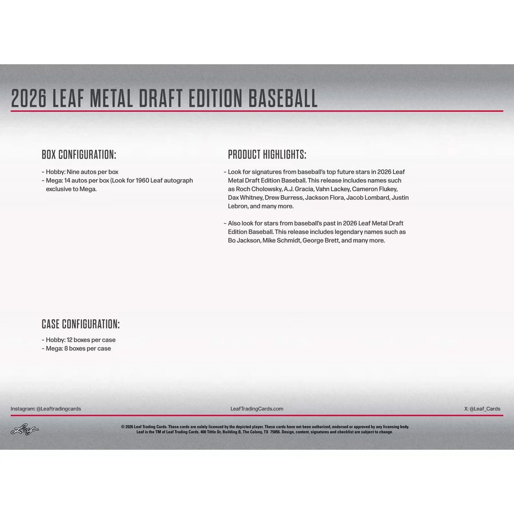 2026 Leaf Metal Draft Baseball Mega 8-Box Case | Presell (Ships Sealed Only)