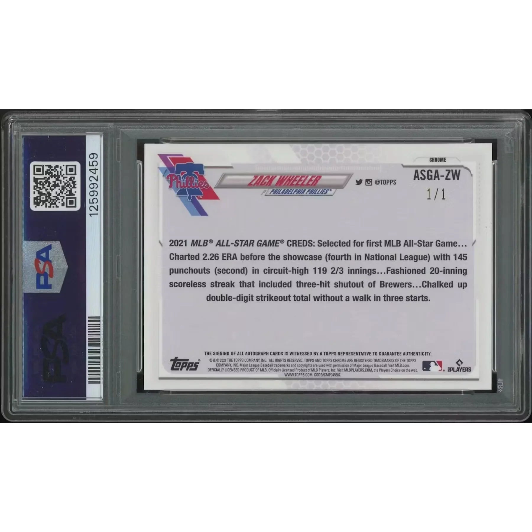 2021 Topps Chrome Update Baseball #ASGAZW Zack Wheeler '21 All Star Game Superfractor Auto #1/1 PSA 9 (MINT) Sonic 1 Card