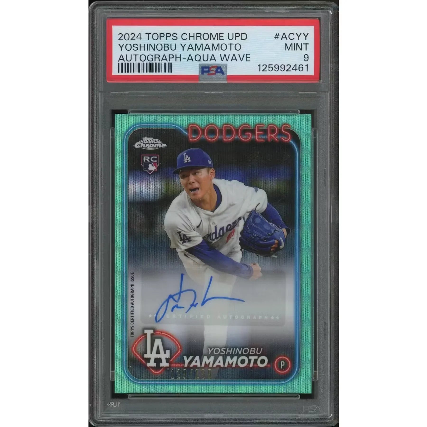 Yoshinobu Yamamoto 2024 Topps Chrome Update Rookie Auto | PSA 9 Aqua Wave #129