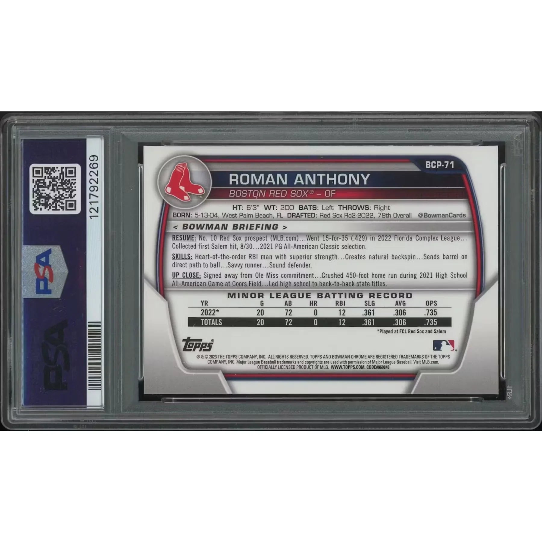 Roman Anthony 2023 Bowman Chrome Sapphire Rookie Card | PSA 9