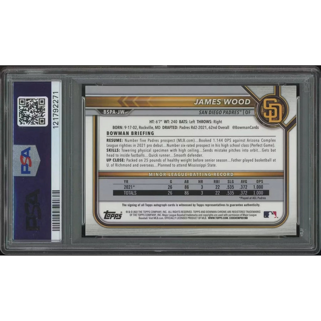 James Wood Signed 2022 Bowman Chrome Sapphire #10 Card | Purple Refractor Rookie Auto PSA