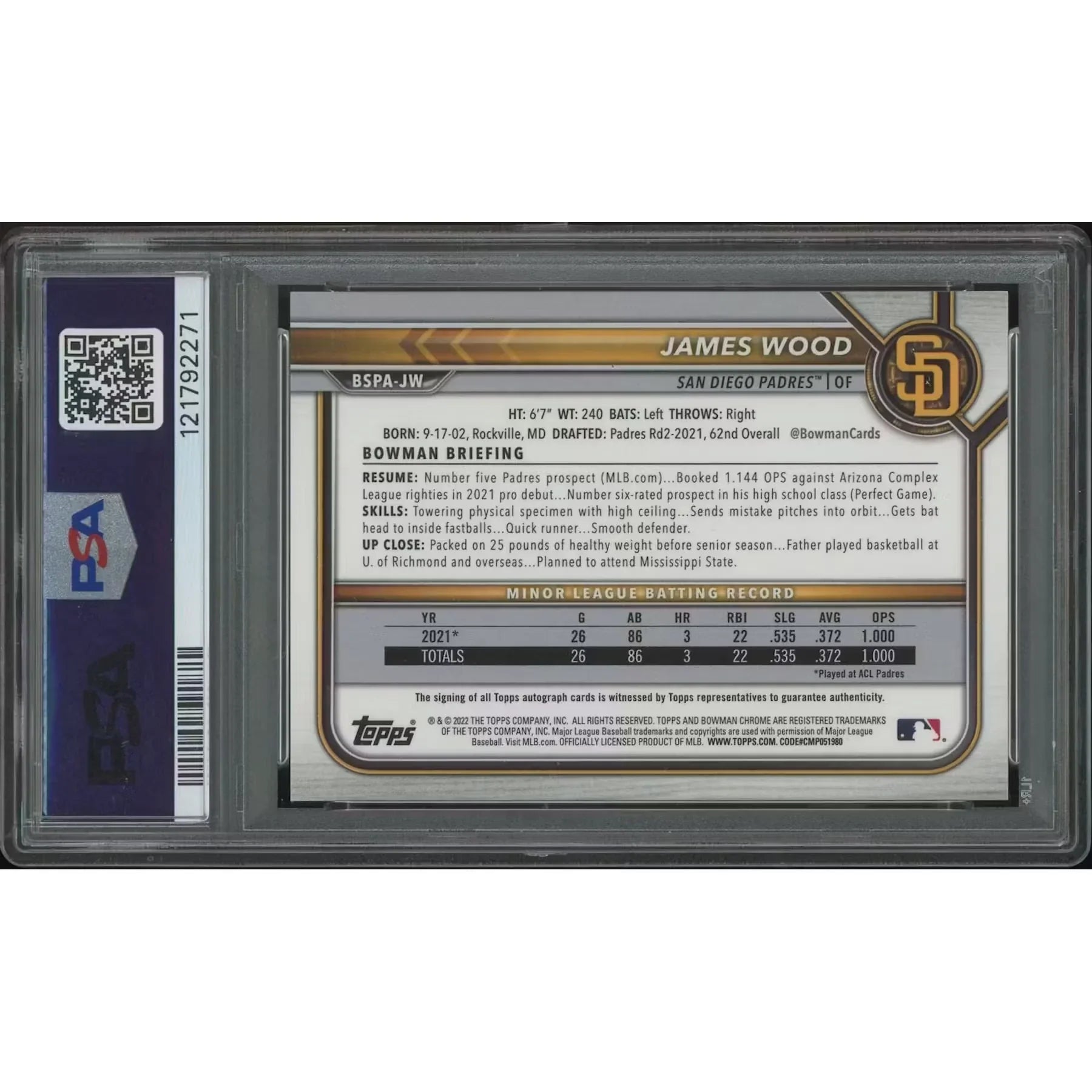 James Wood Signed 2022 Bowman Chrome Sapphire #10 Card | Purple Refractor Rookie Auto PSA