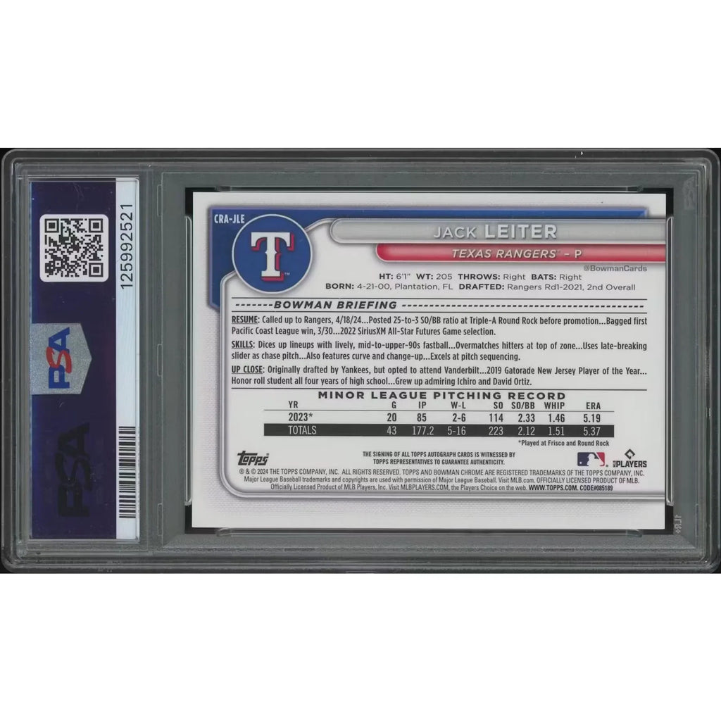 Jack Leiter Signed 2024 Bowman Chrome Rookie #73 Card | Green Refractor PSA 9