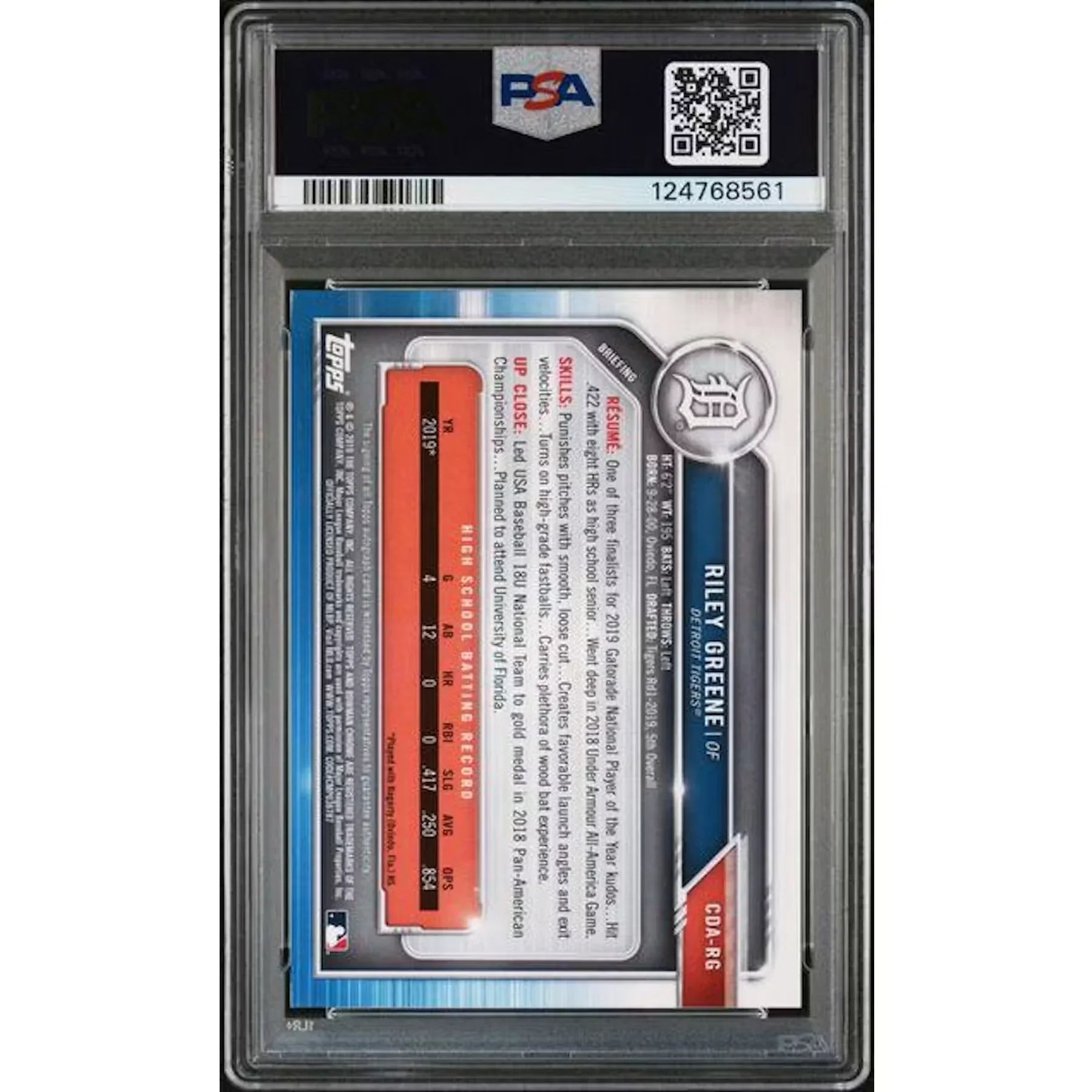 Riley Greene 2019 Bowman Draft Blue Wave Refractor Auto | PSA 8