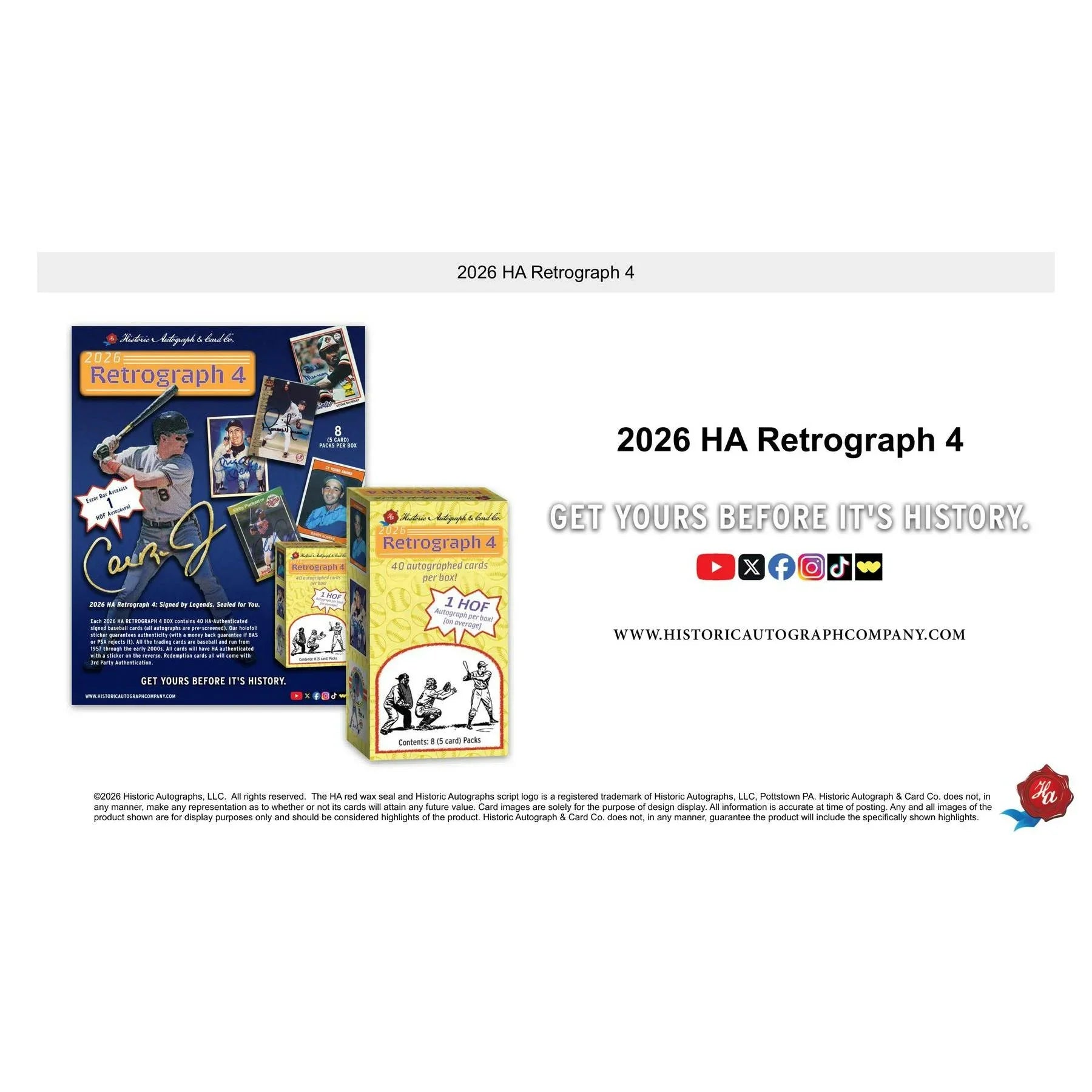 Historic Autographs 2026 Retrograph 4 Baseball Hobby 20 Box Case Presell Releases May 21st 2026 (Ships Sealed Only)
