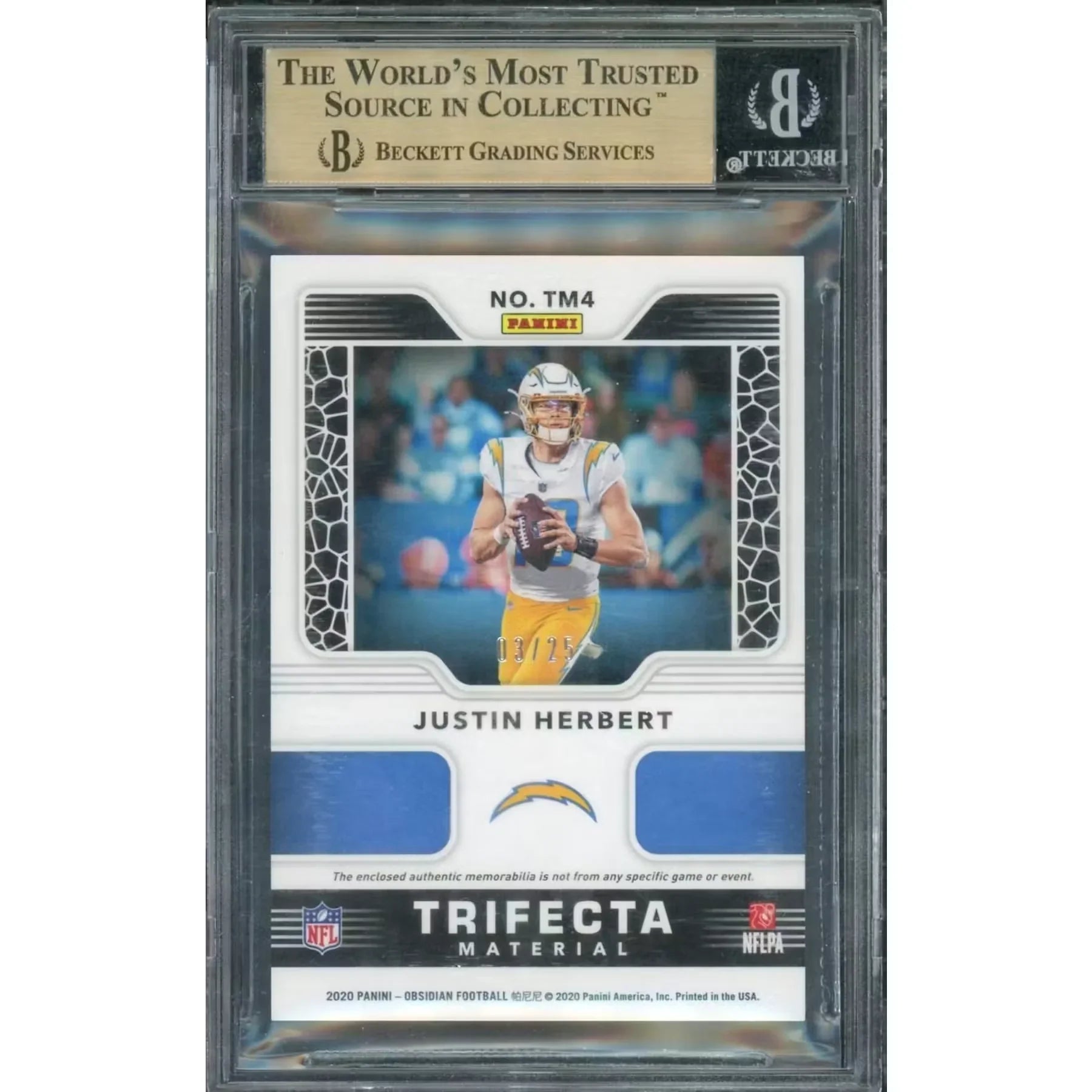 Justin Herbert 2020 Panini Obsidian Trifecta Materials Card | BGS 9.5